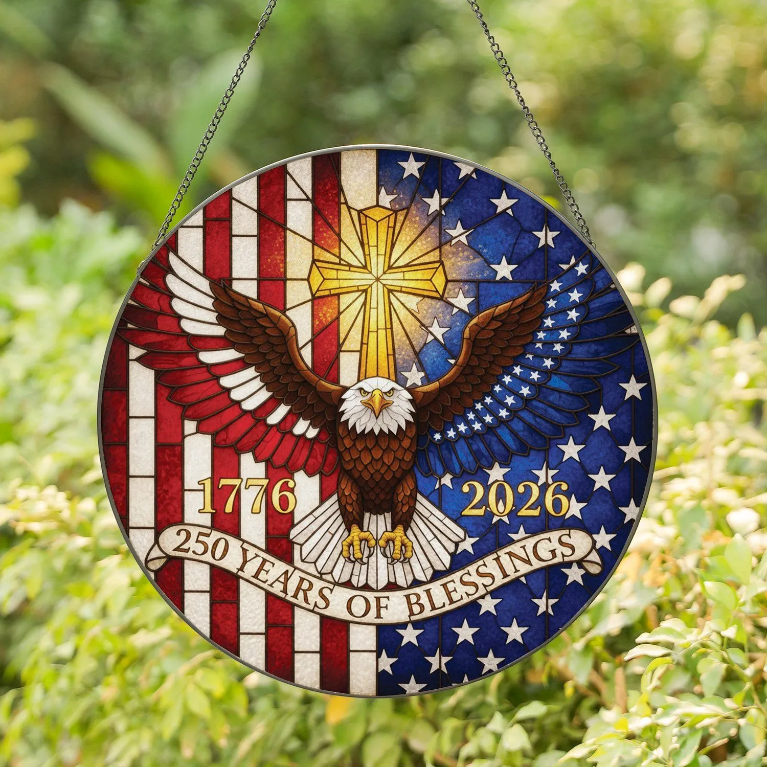 Bald Eagle American Flag Cross 1776 2026 - 250 Years of Blessings Gift Stained Glass Suncatcher - 1