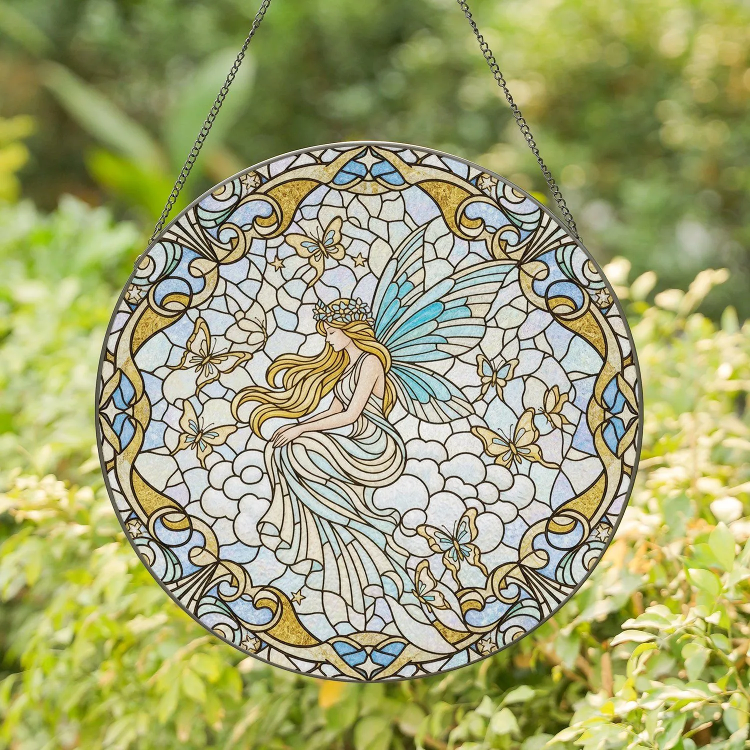 Blonde Fairy Floral Crown Blue Teal Wings Butterflies Clouds Stars - Home Decor Gift Stained Glass Suncatcher - 1