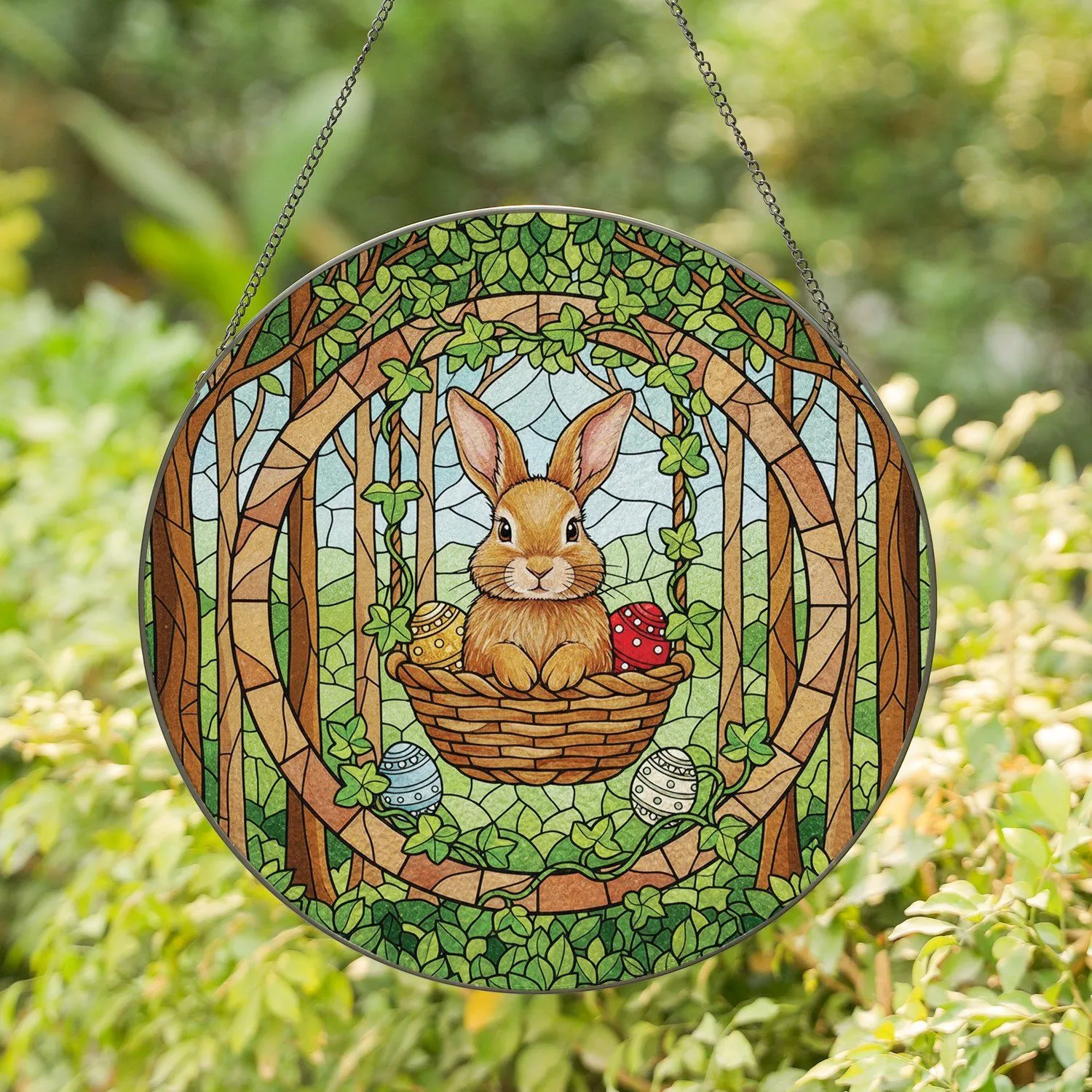 Baby Rabbit Basket Ivy Easter Eggs Circular Woodland - Easter Holiday Decor Gift Stained Glass Suncatcher - 1