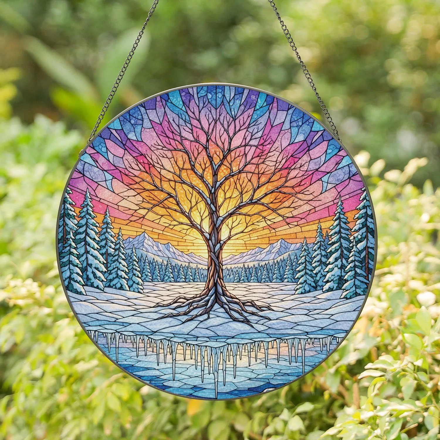 Snowy Tree Bare Branches Sunset Sky Frozen Lake Icicles Icy Mountains - Home Decor Gift Stained Glass Suncatcher - 1