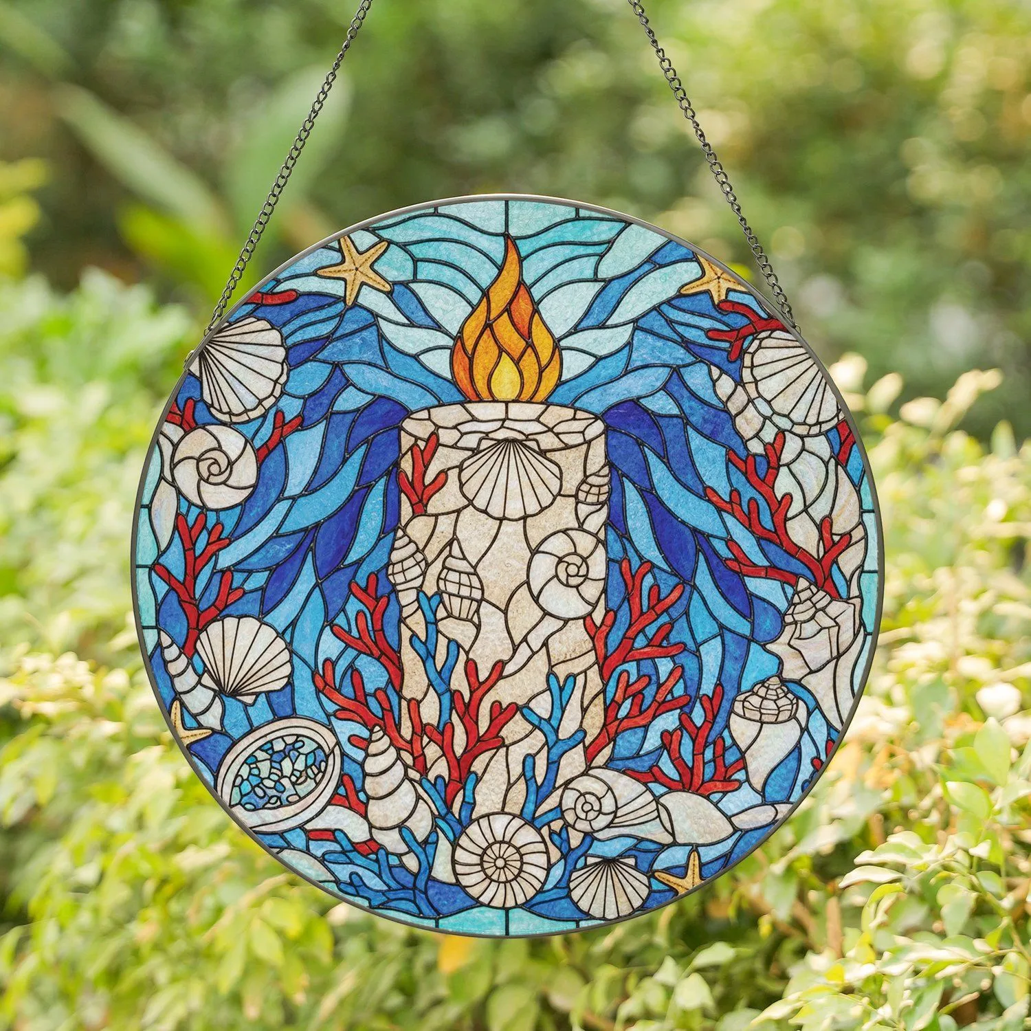 Oceanic Coral Seashells Starfish Amber Flame Water - Home Decor Gift for Ocean Lover Stained Glass Suncatcher - 1