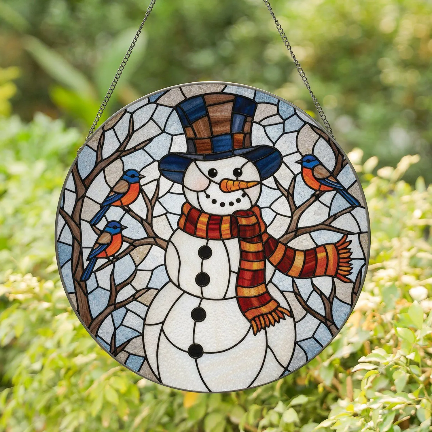 Cheerful Snowman Songbirds Branches - Winter Home Decor Gift for Bird Lover Stained Glass Suncatcher - 1