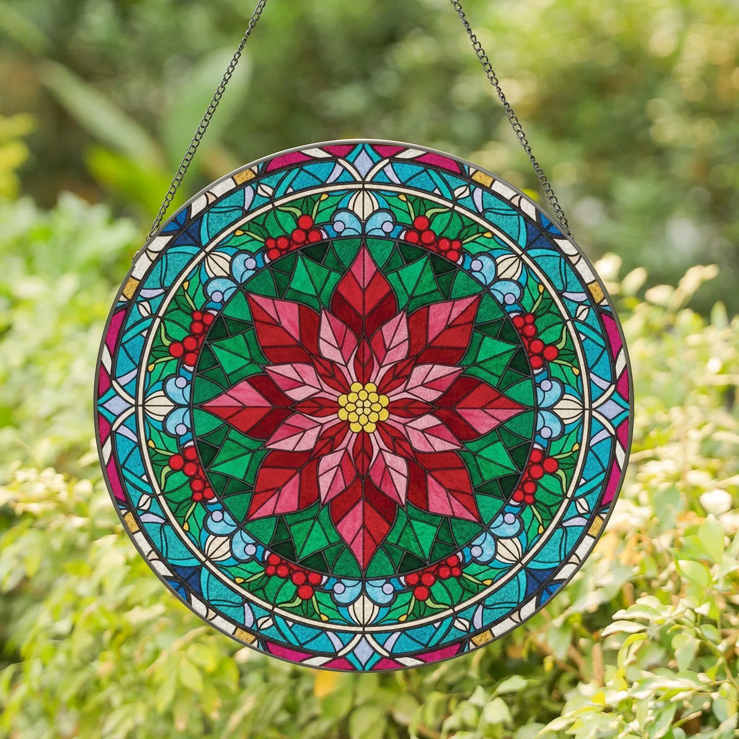 Poinsettia Holly Floral Stained Glass Mosaic - Holiday Home Decor Gift Stained Glass Suncatcher - 1