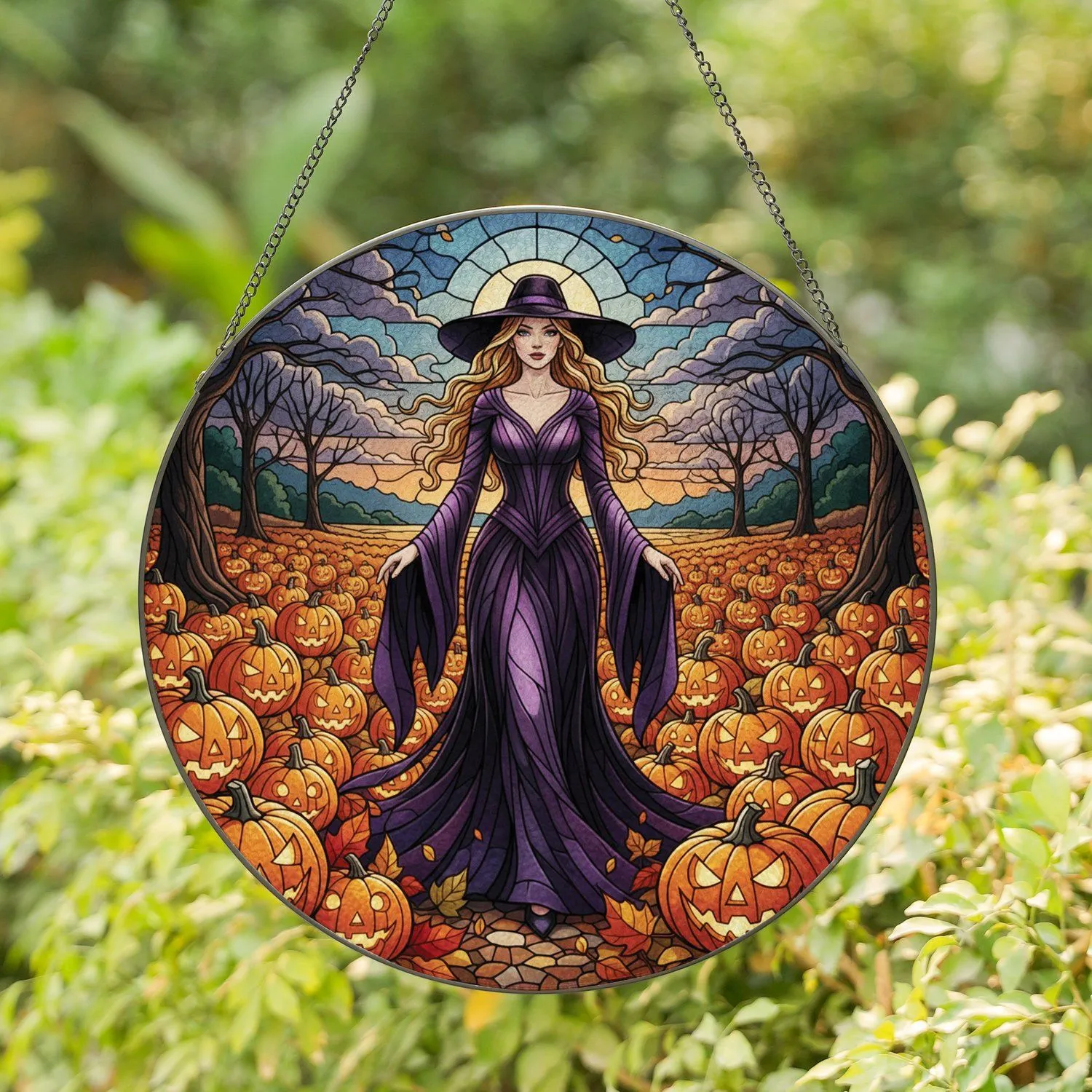 Twilight Witch Pumpkin Patch Jack-o'-Lanterns - Halloween Home Decor Gift Stained Glass Suncatcher - 1