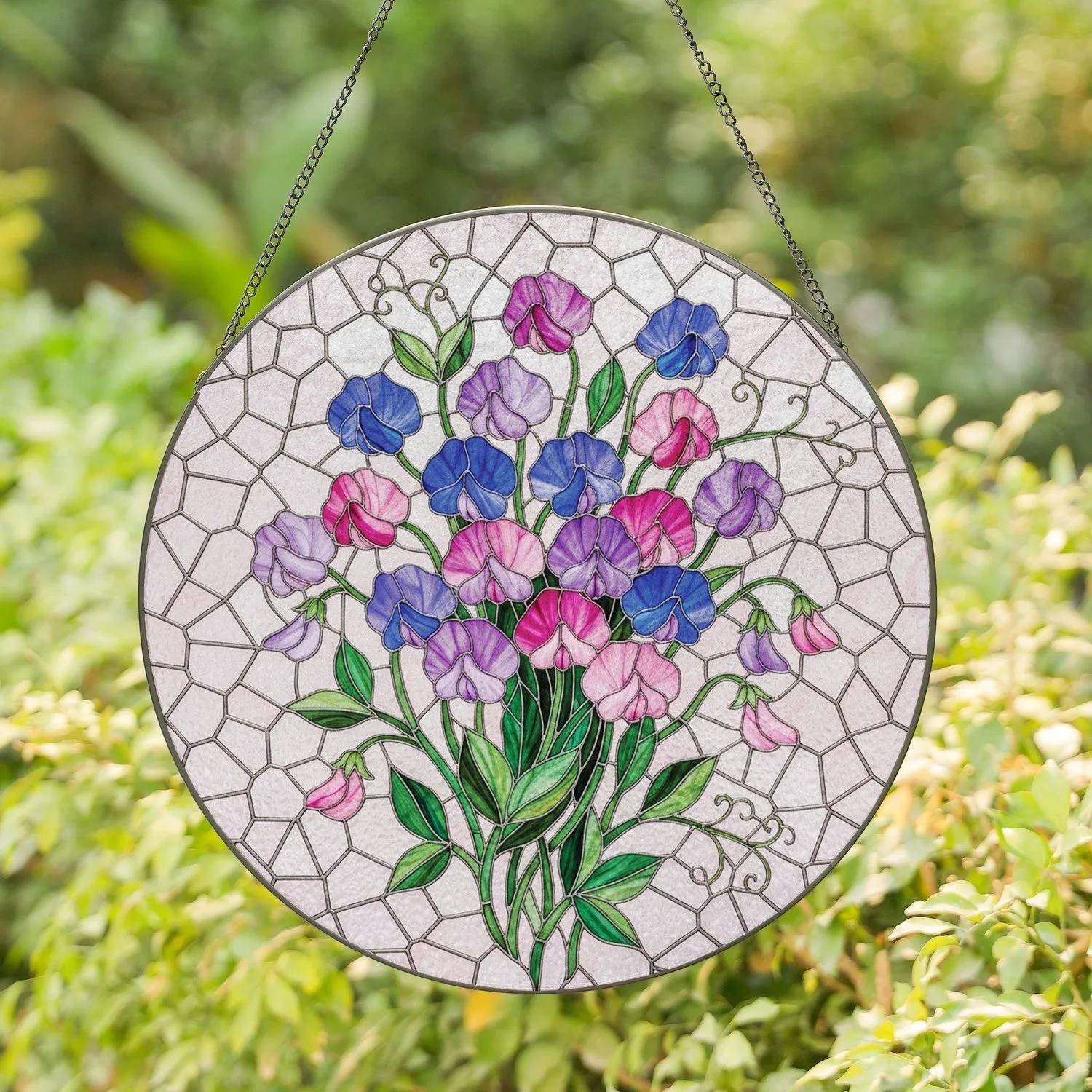 Sweet Pea Flowers Green Leaves Bloom Spring Window Home Decor Gift for Garden Lover Stained Glass Suncatcher - 1