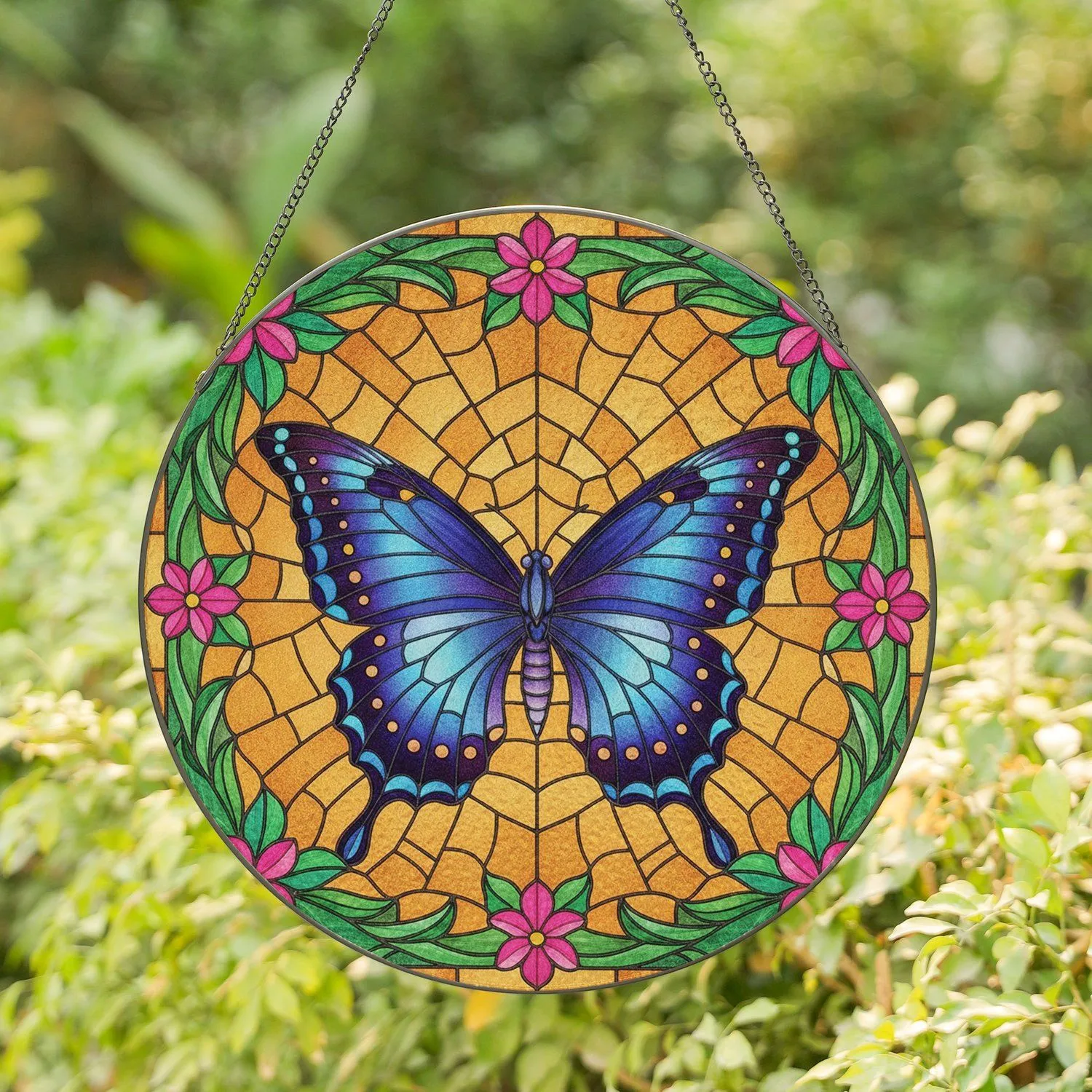 Majestic Butterfly Outstretched Wings Emerald Foliage Pink Flowers - Home Decor Gift Stained Glass Suncatcher - 1