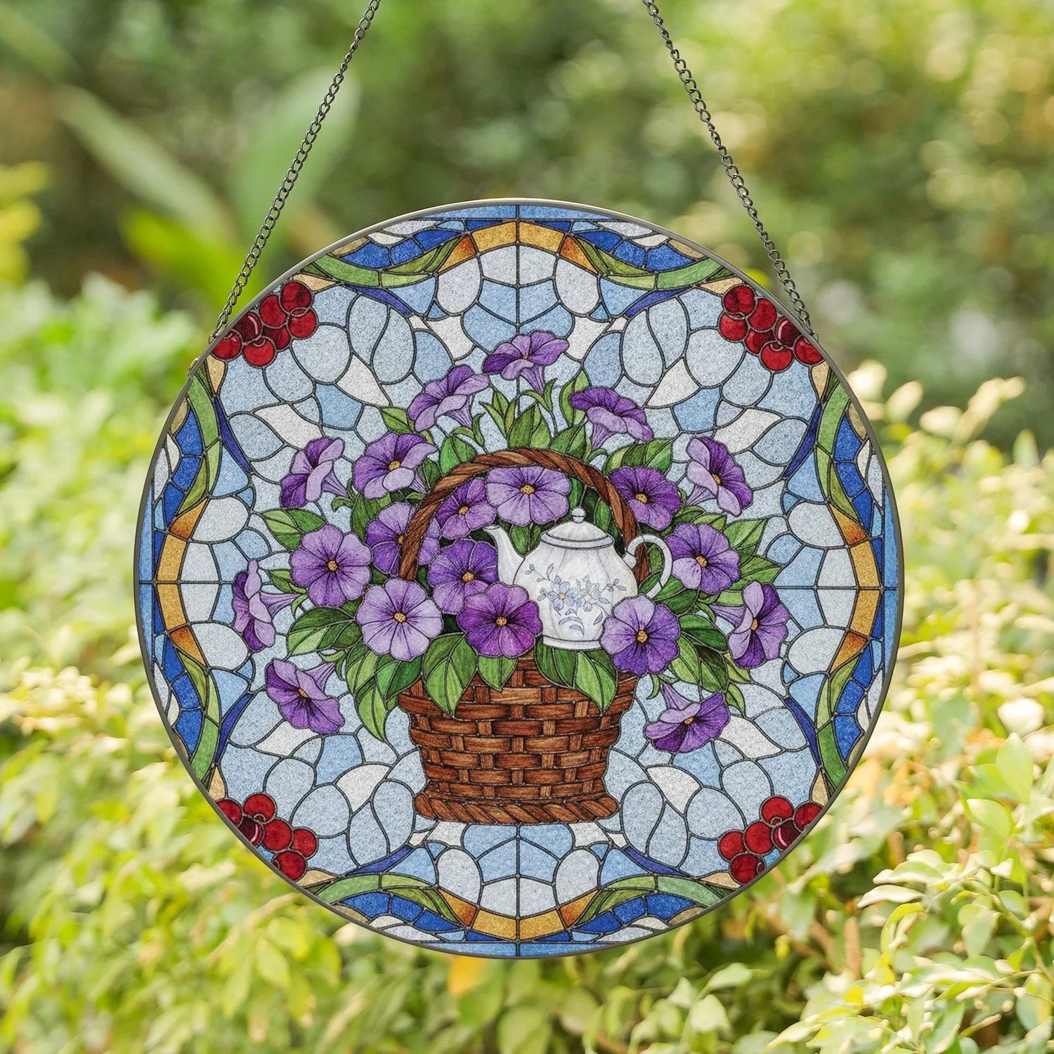 Vibrant Purple Petunia Teapot Woven Basket Red Cherry Mosaic Glass - Home Decor Gift Stained Glass Suncatcher - 1