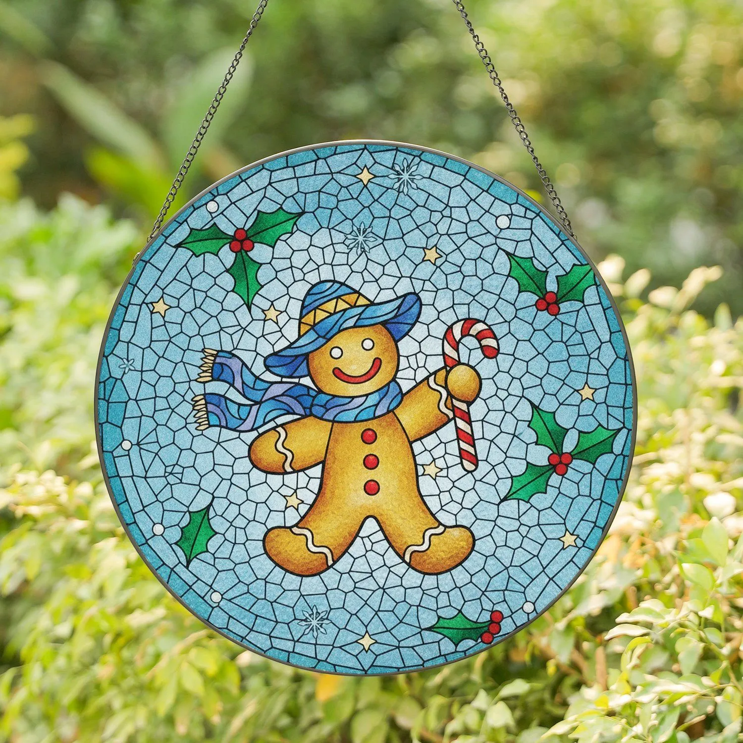 Gingerbread Man Candy Cane Holly Snowflakes - Christmas Holiday Gift for Gingerbread Lover Stained Glass Suncatcher - 1