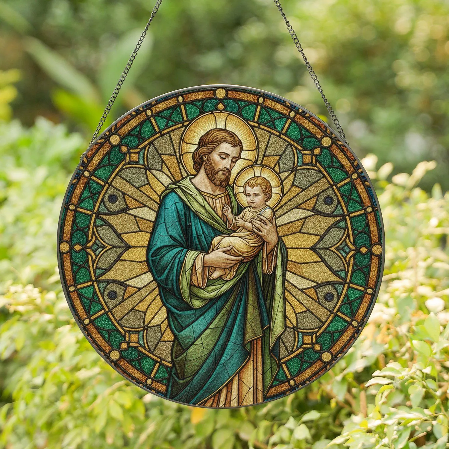 Saint Joseph Baby Jesus Halos - Christian Home Decor Gift for Catholic Family Stained Glass Suncatcher - 1