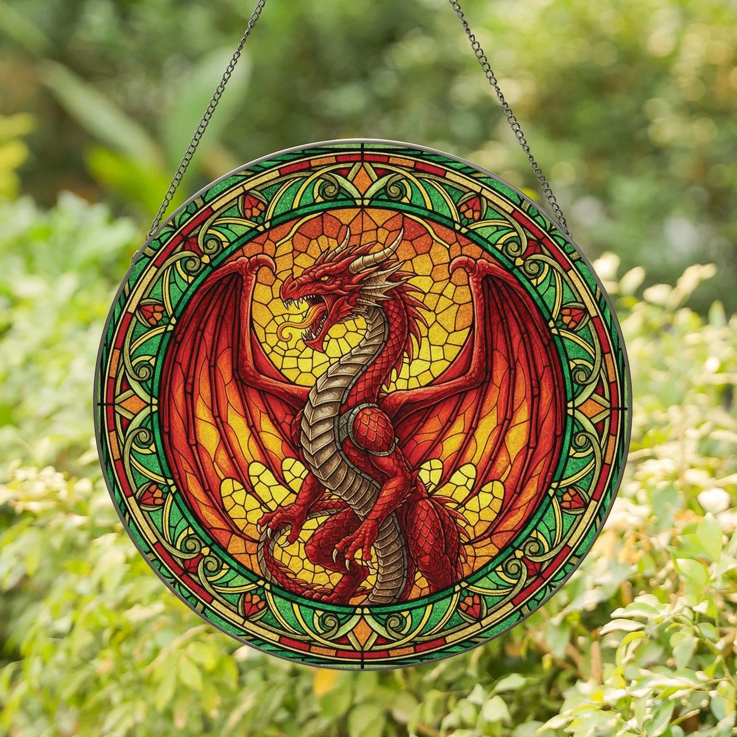 Roaring Red Dragon Spread Wings Circular Border - Fantasy Home Decor Gift for Mythology Lover Stained Glass Suncatcher - 1
