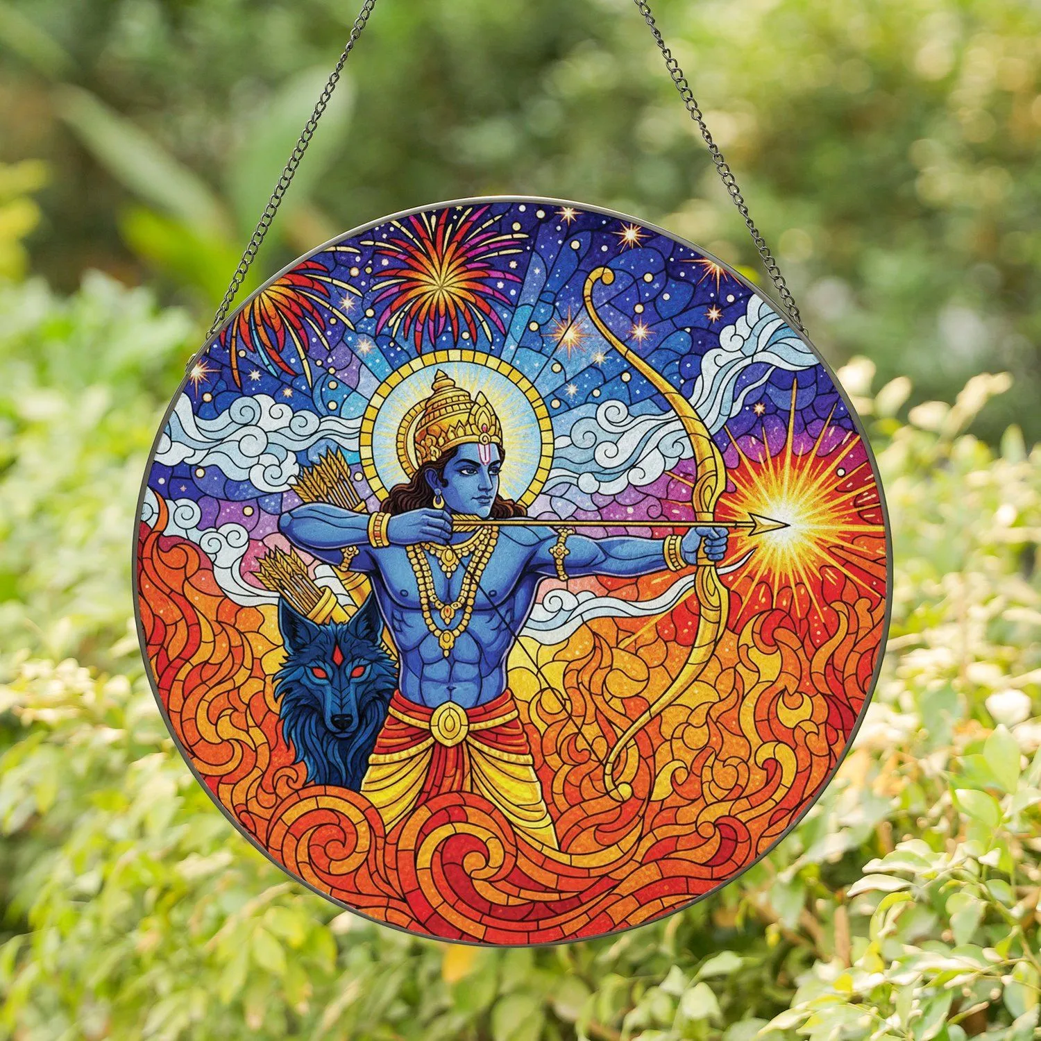 Lord Rama Crowned Bow Wolf Companion Fiery Sky - Home Decor Gift Stained Glass Suncatcher - 1