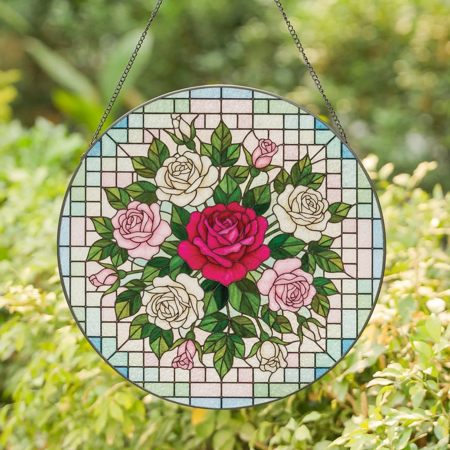 Rose Bouquet with Green Leaves Stained Glass Mosaic - Home Decor Gift for Garden Lovers Stained Glass Suncatcher - 1