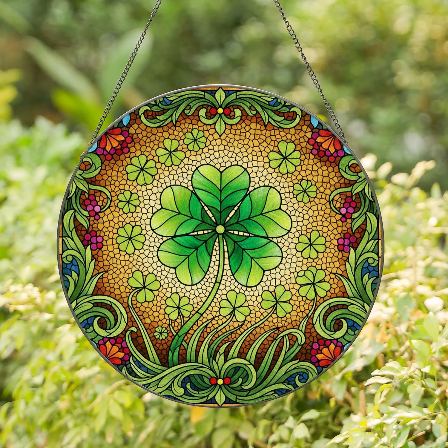 Four Leaf Clover Botanical Berries Floral - Home Decor Gift for Plant Lover Stained Glass Suncatcher - 1