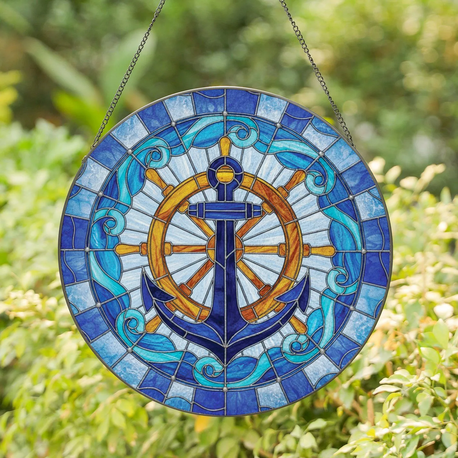 Ships Anchor Wheel Ocean Currents Swirling Water - Home Decor Gift for Maritime Lover Stained Glass Suncatcher - 1