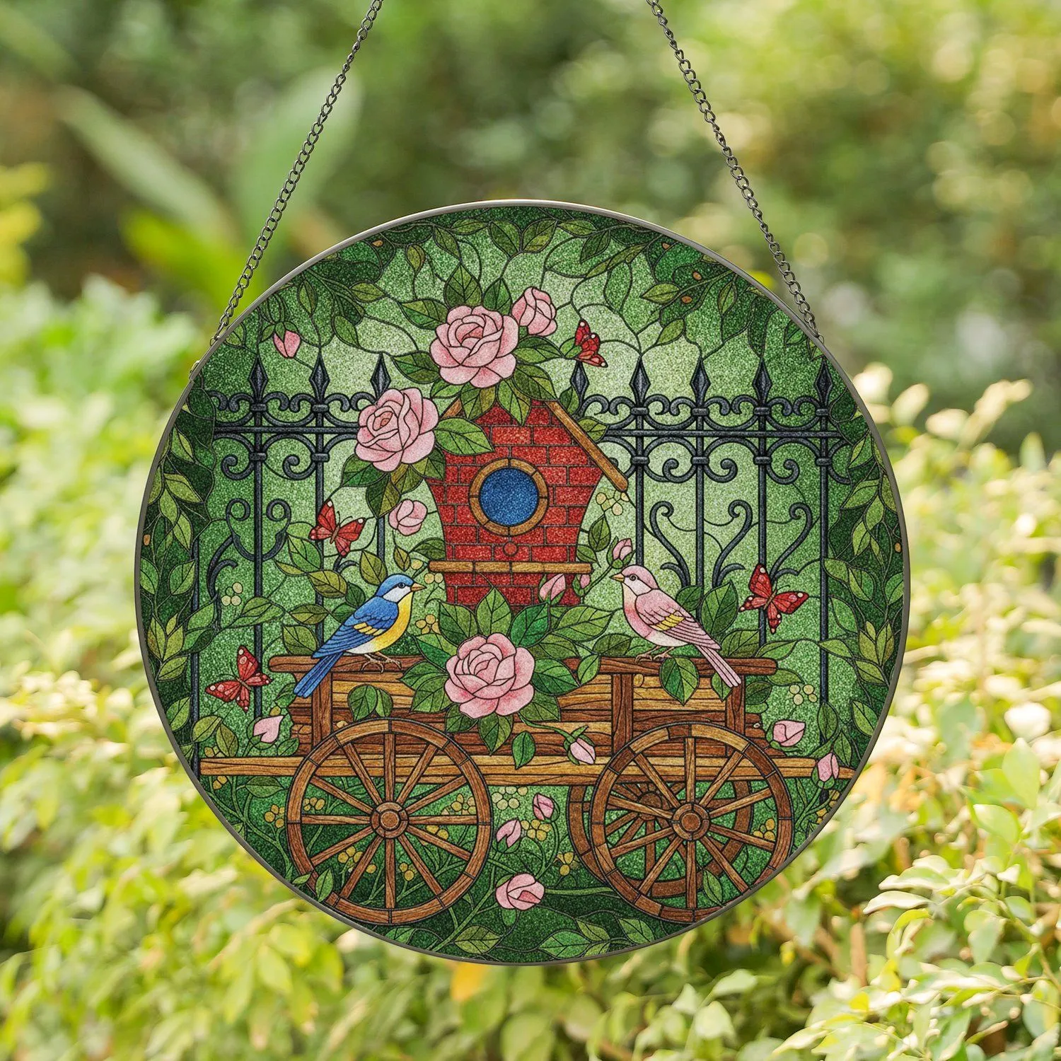 Birdhouse Roses Songbirds Garden - Home Decor Gift for Garden Lover Stained Glass Suncatcher - 1
