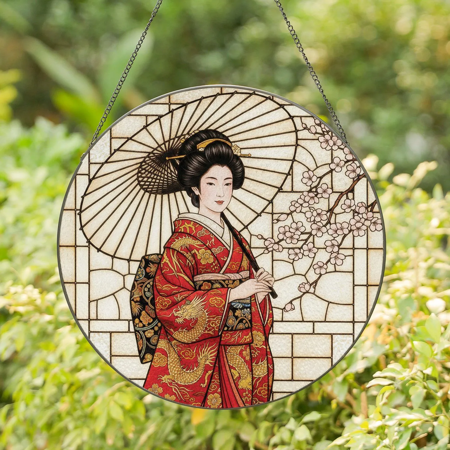 Japanese Woman Kimono Umbrella Sakura Blossoms - Home Decor Gift Stained Glass Suncatcher - 1