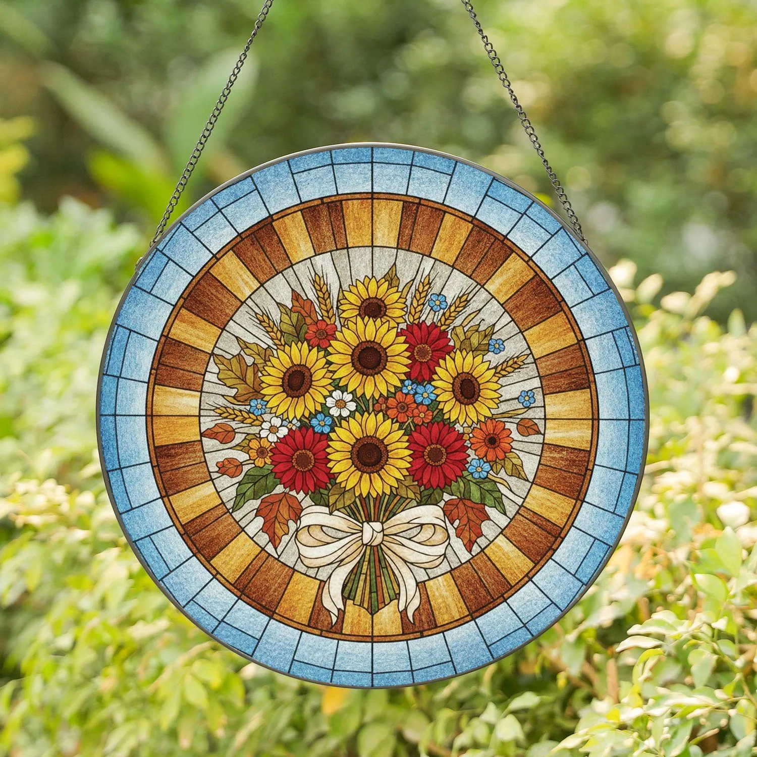 Autumnal Bouquet Golden Sunflowers Gerbera Daisies Wheat Leaves - Autumn Home Decor Gift Stained Glass Suncatcher - 1