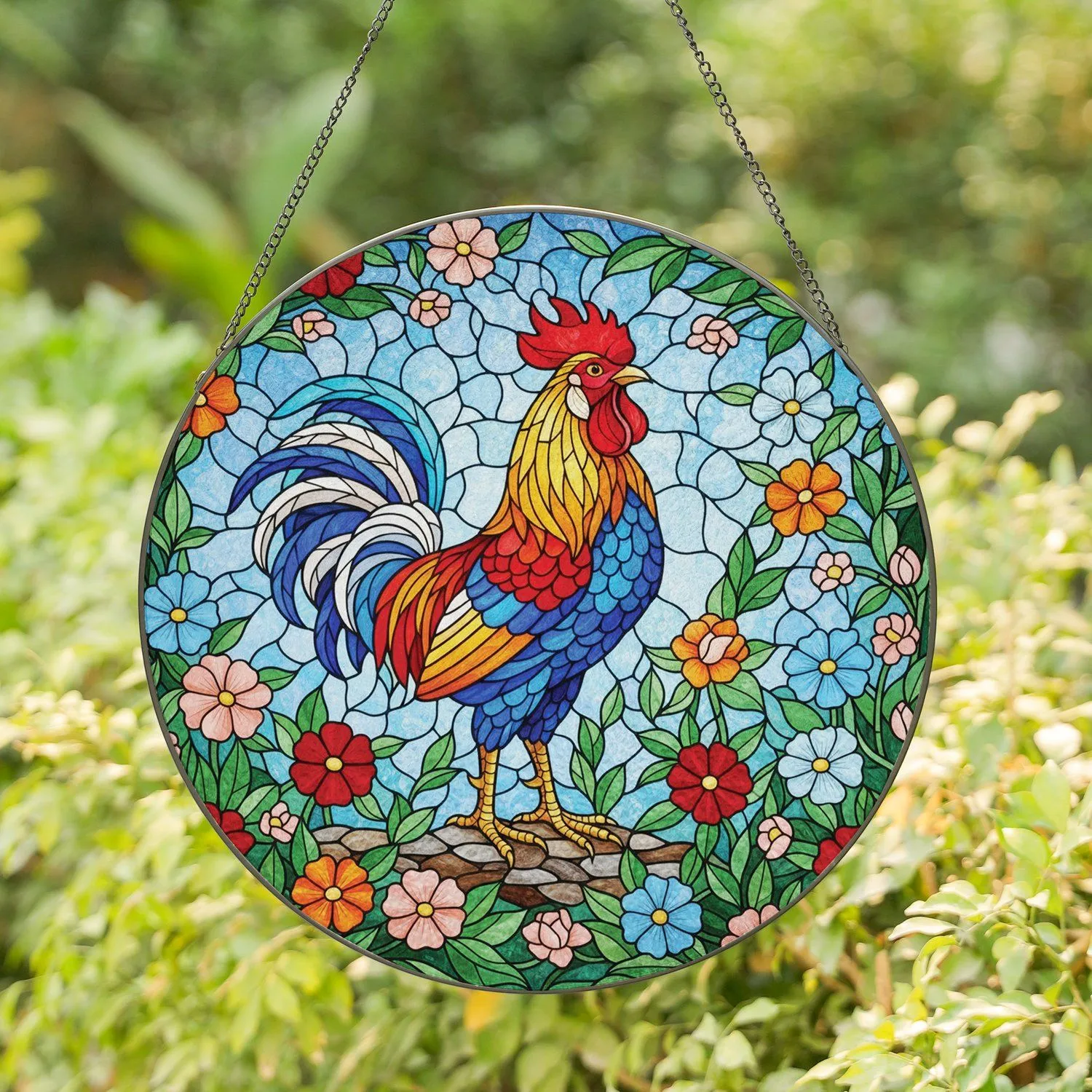 Proud Rooster Blooming Flowers Foliage Blue Sky - Farmhouse Decor Gift for Kitchen Stained Glass Suncatcher - 1