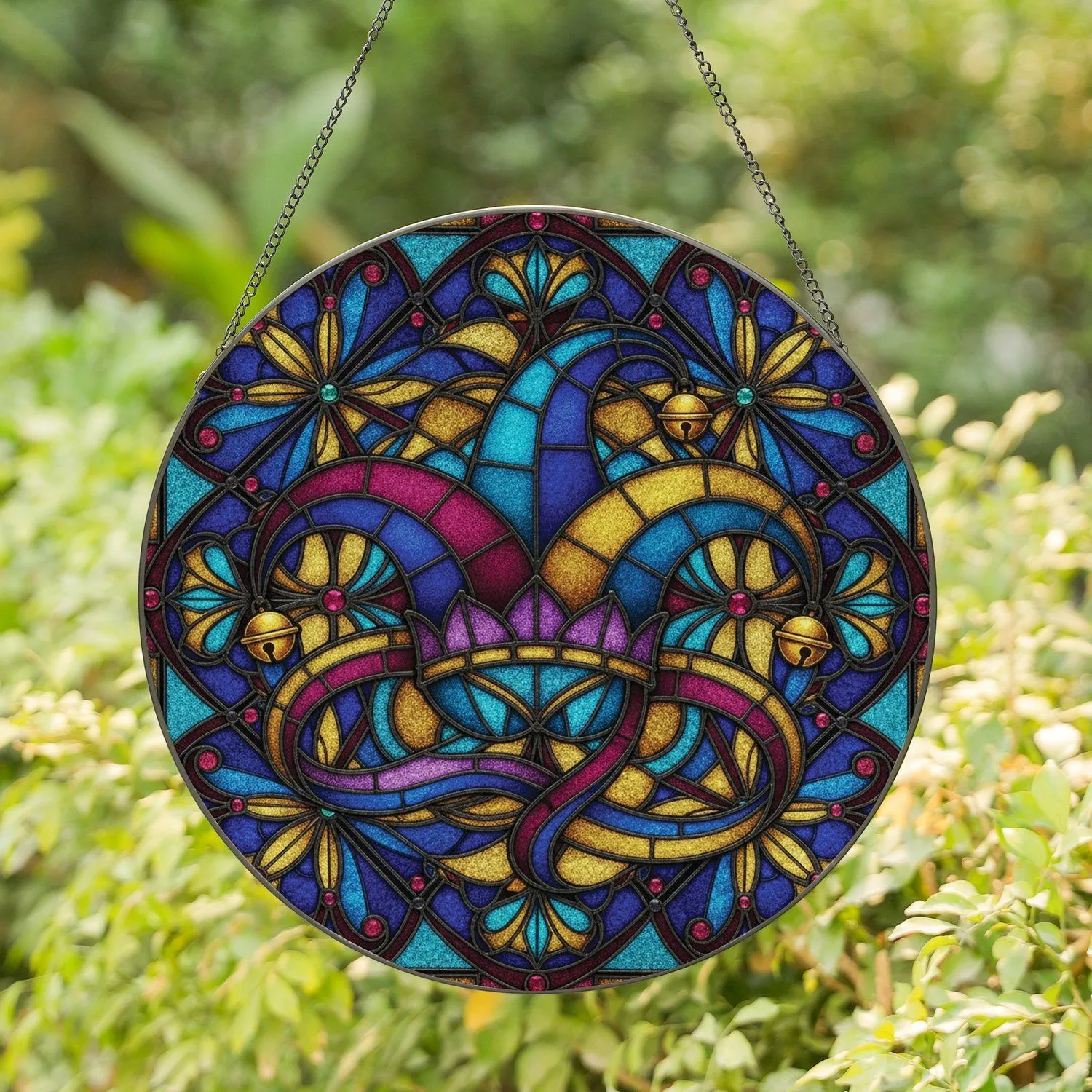 Jester Hat Golden Bells Ribbons Tiffany Stained Glass - Home Decor Gift Stained Glass Suncatcher - 1