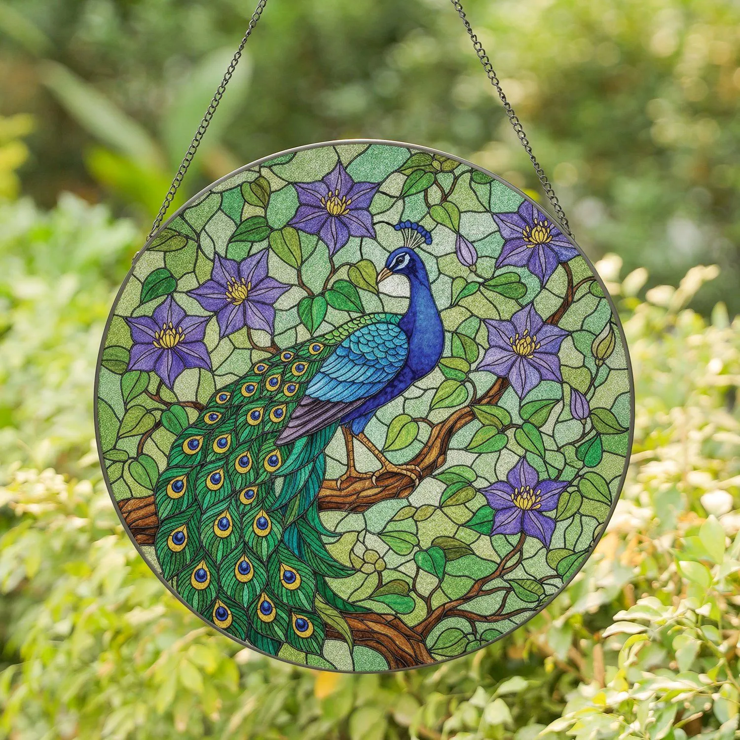 Peacock Branch Ocelli Fanned Tail Clematis Flowers - Home Decor Gift for Bird Lovers Stained Glass Suncatcher - 1