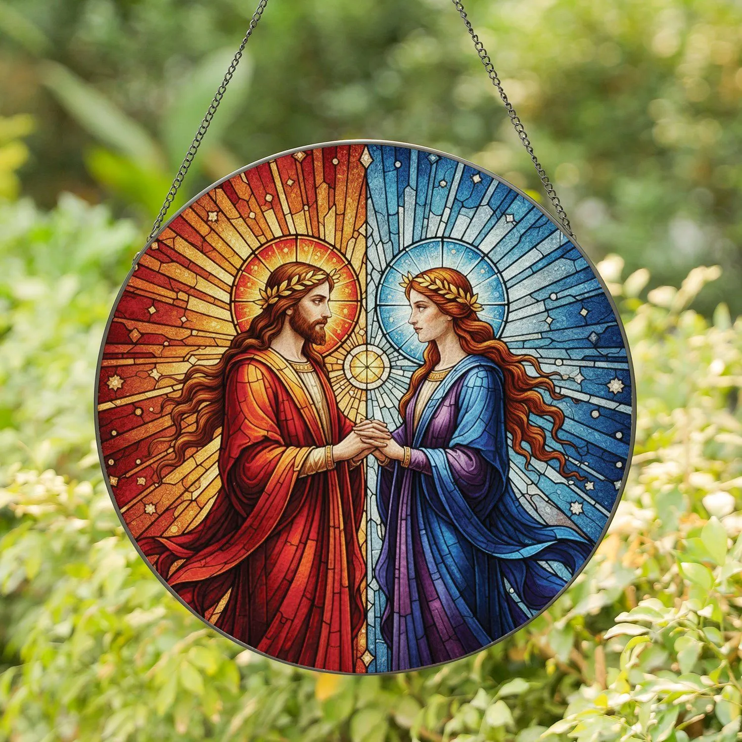 Jesus-like Female Figure Embrace Celestial Sunburst Display - Faith Home Decor Gift Stained Glass Suncatcher - 1