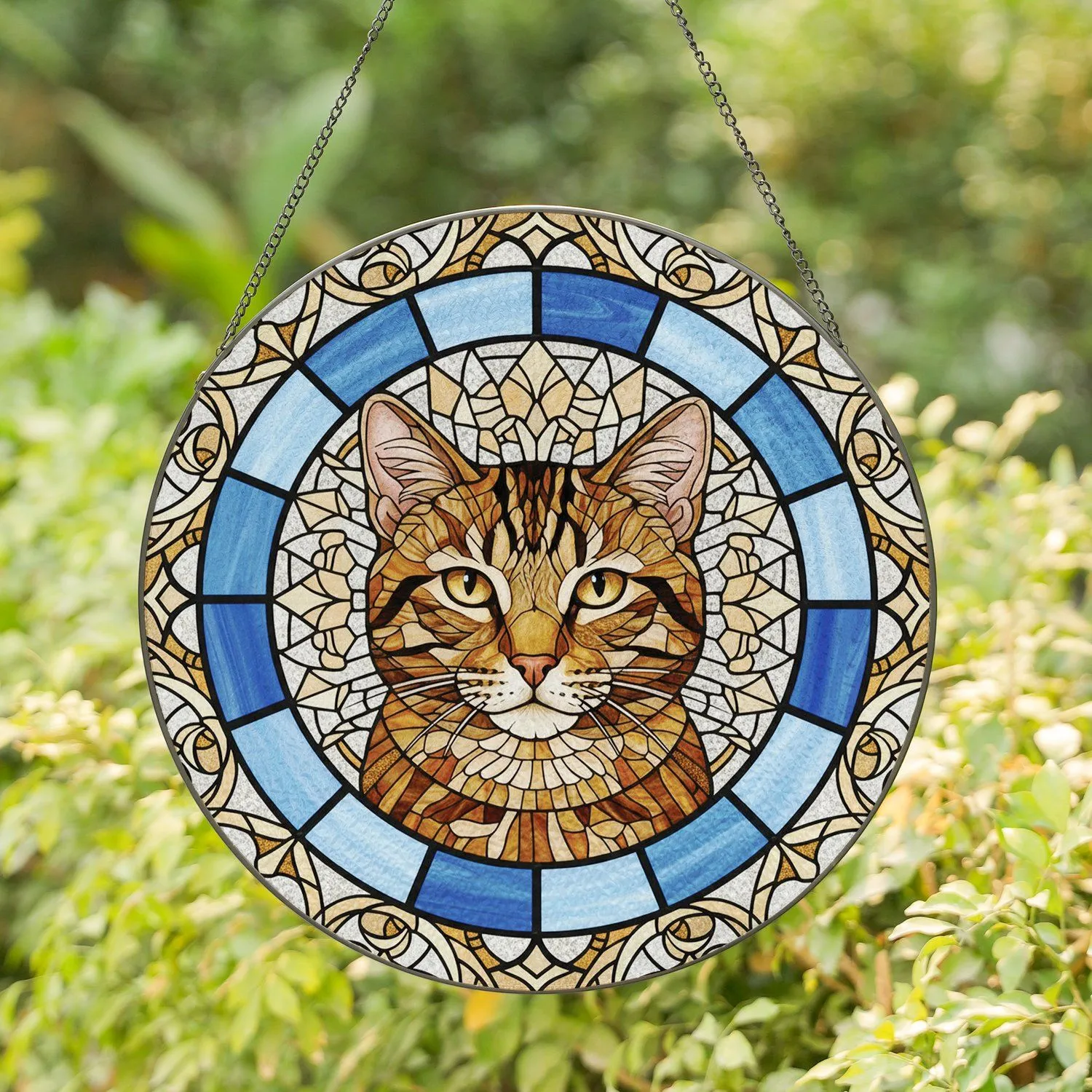 Tabby Cat Portrait Blue Botanical Mosaic - Home Decor Gift for Cat Lover Stained Glass Suncatcher - 1