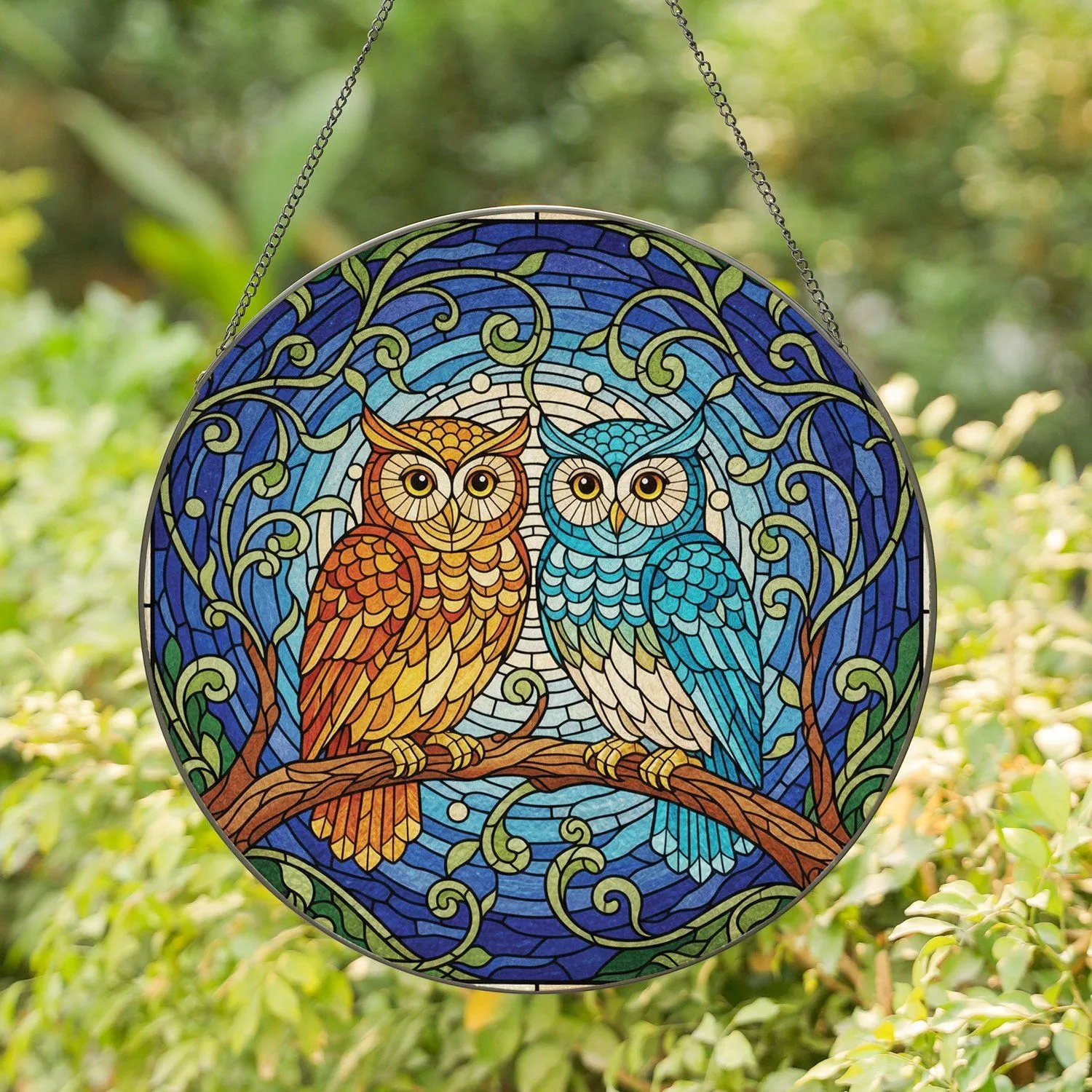 Owls Perched Tree Branch Leaf Tendril Sky Forest Mosaic - Home Decor Gift for Bird Lover Stained Glass Suncatcher - 1