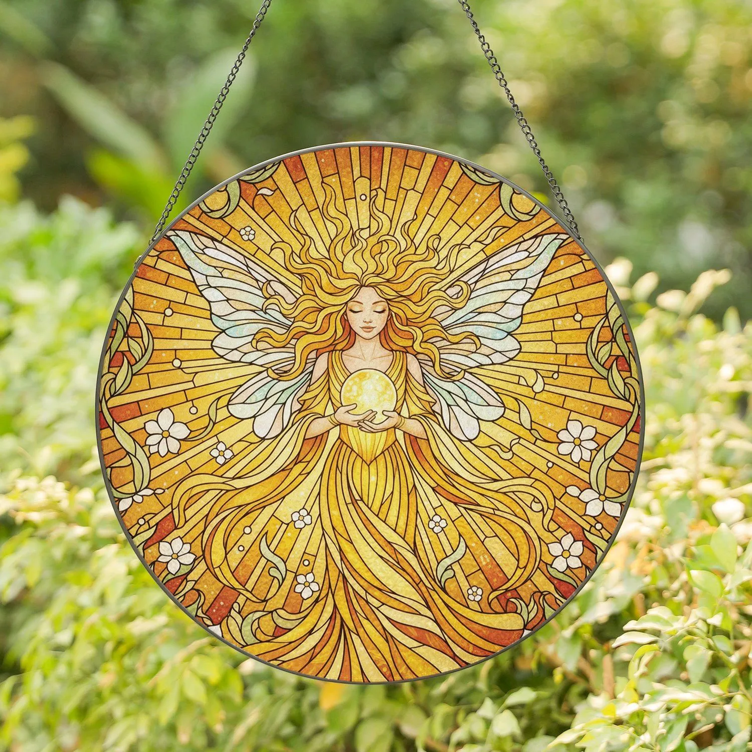 Fairy Golden Gown Glowing Orb Sunbeams Light Patterns - Home Decor Gift for Fairy Lover Stained Glass Suncatcher - 1