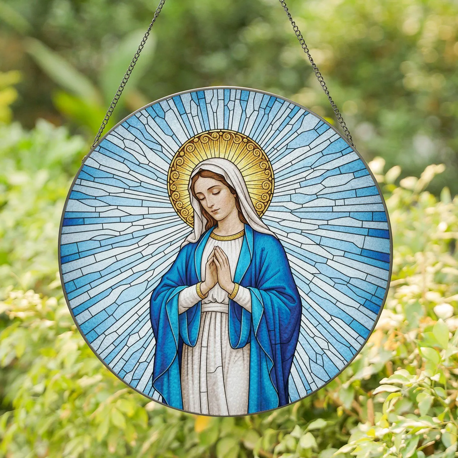 Virgin Mary Praying Golden Halo Radiating Blue Mosaic - Christian Home Decor Gift Stained Glass Suncatcher - 1