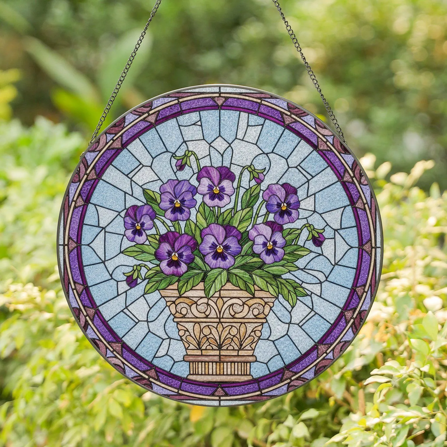 Purple Pansy Bouquet Planter Floral Mosaic Dark Border Light Blue Sky - Home Decor Gift Stained Glass Suncatcher - 1