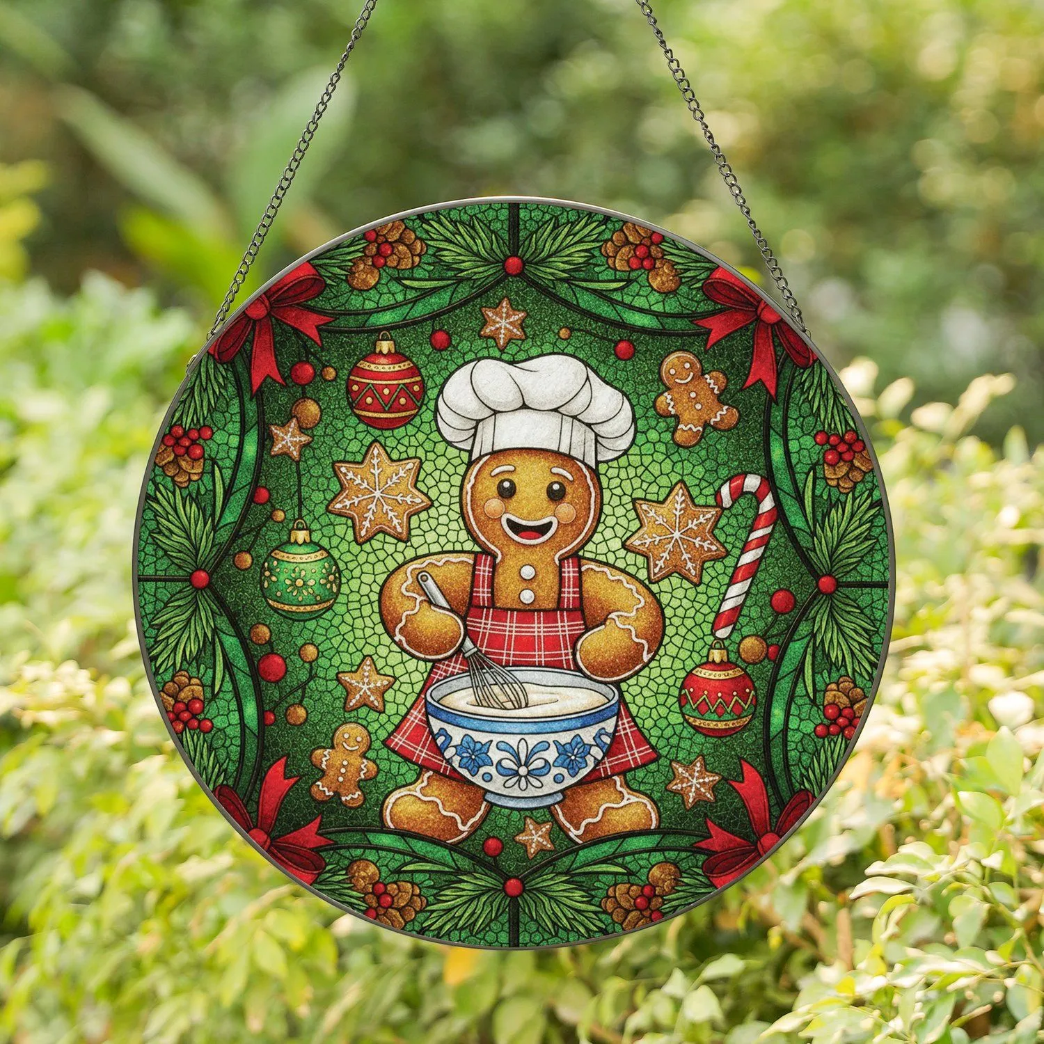 Gingerbread Man Christmas Cookies Candy Cane Baubles - Holiday Home Decor Gift Stained Glass Suncatcher - 1