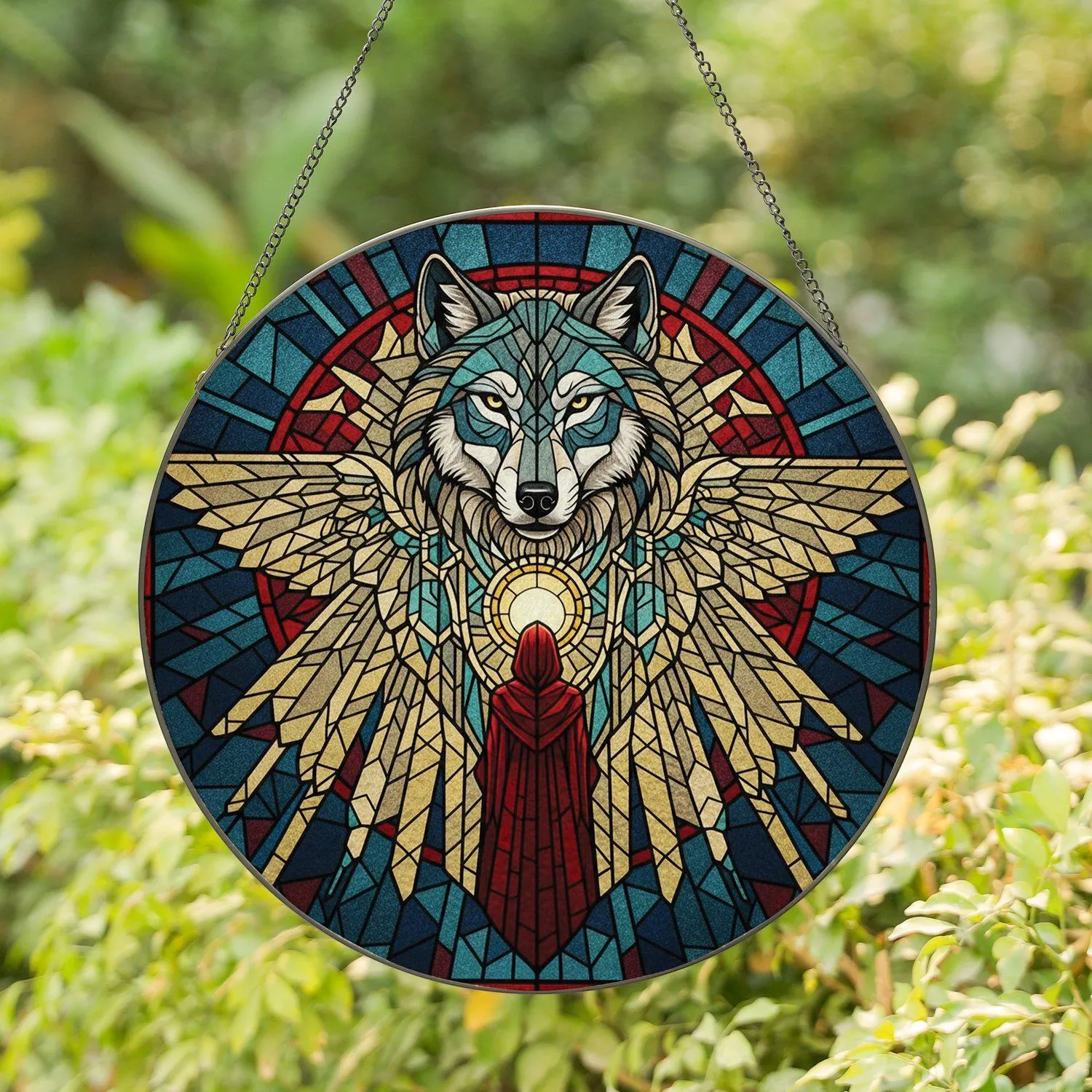 Stained Glass Wolf Head Cloaked Figure Orb - Home Decor Gift for Wolf Lover Stained Glass Suncatcher - 1