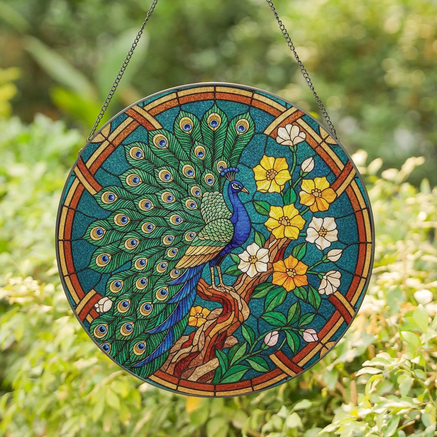 Iridescent Peacock Fanned Tail Flowers - Home Decor Gift for Peacock Lover Stained Glass Suncatcher - 1