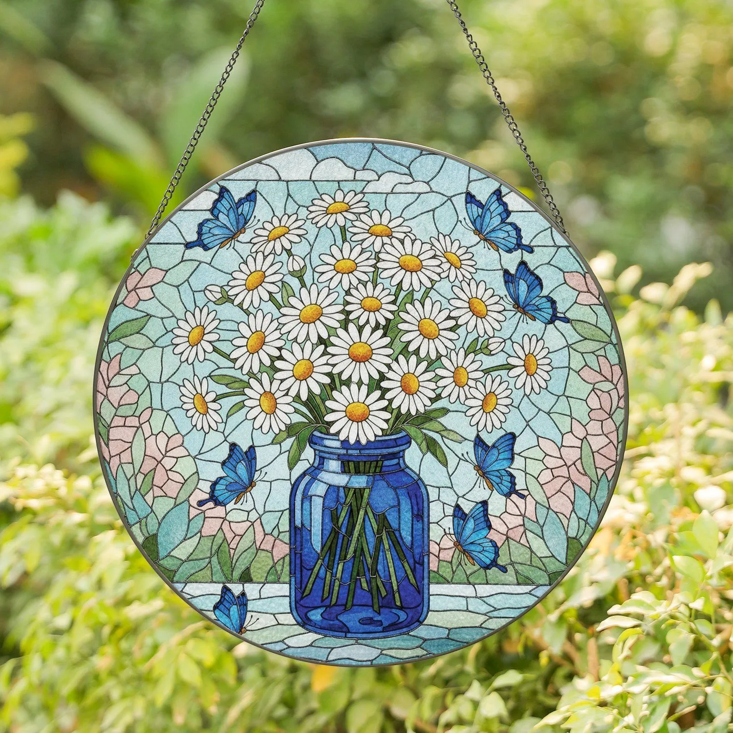 Blue Jar White Daisies Butterflies - Home Decor Gift for Garden Lover Stained Glass Suncatcher - 1