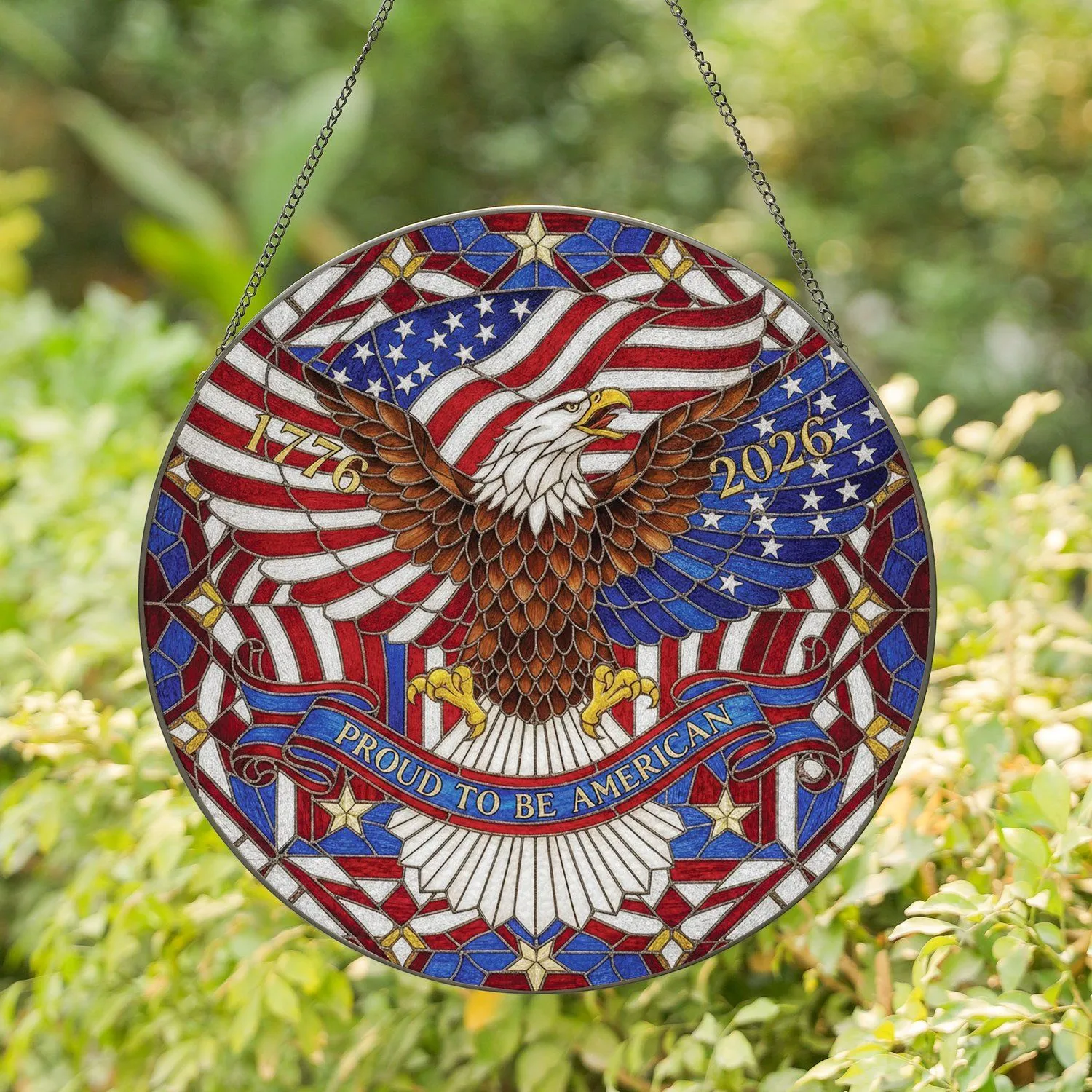 Bald Eagle American Flag 1776 2026 Proud American Independence Day Gift for Veterans Stained Glass Suncatcher - 1