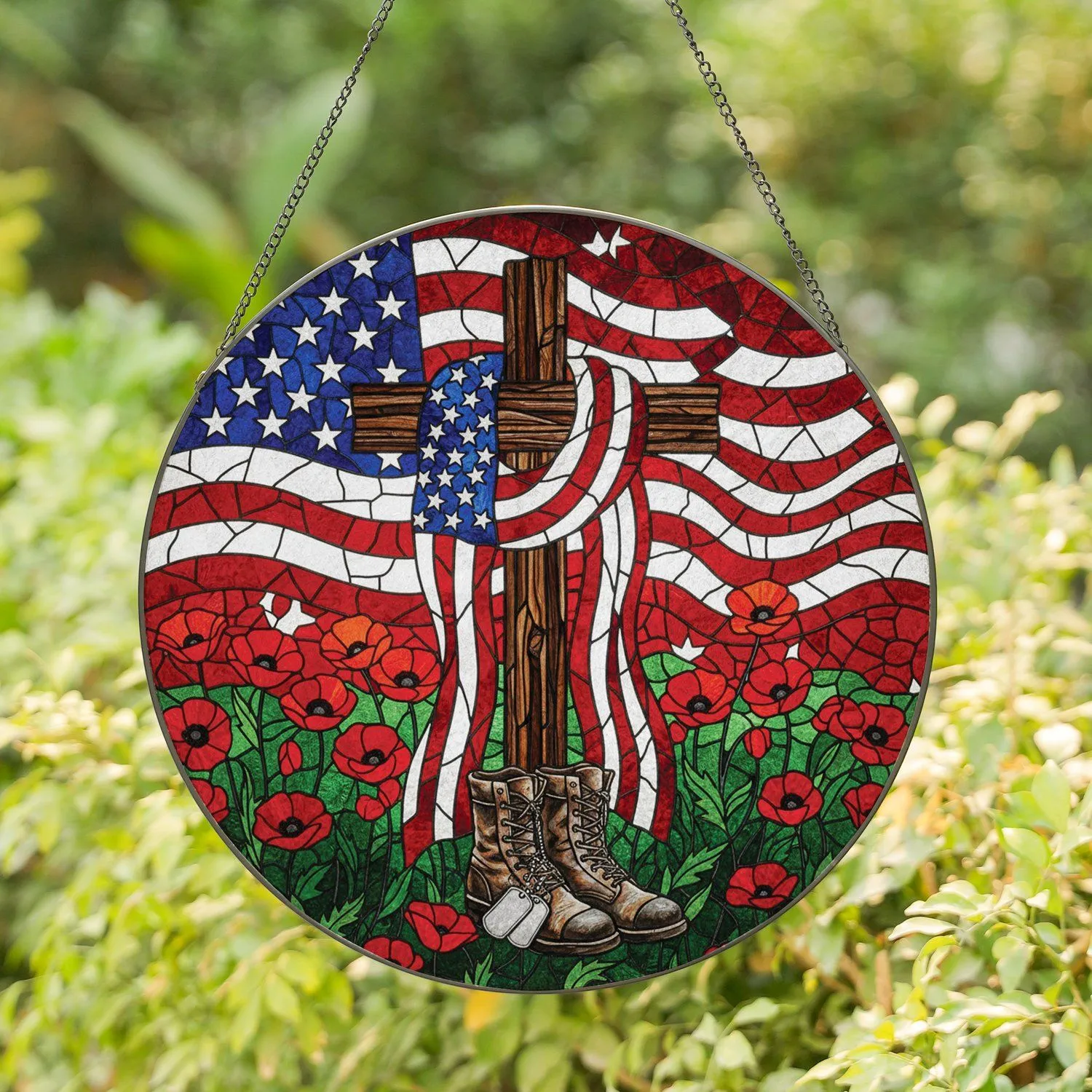 American Flag Cross Military Boots Poppy - Veterans Day Gift for Military Families Stained Glass Suncatcher - 1