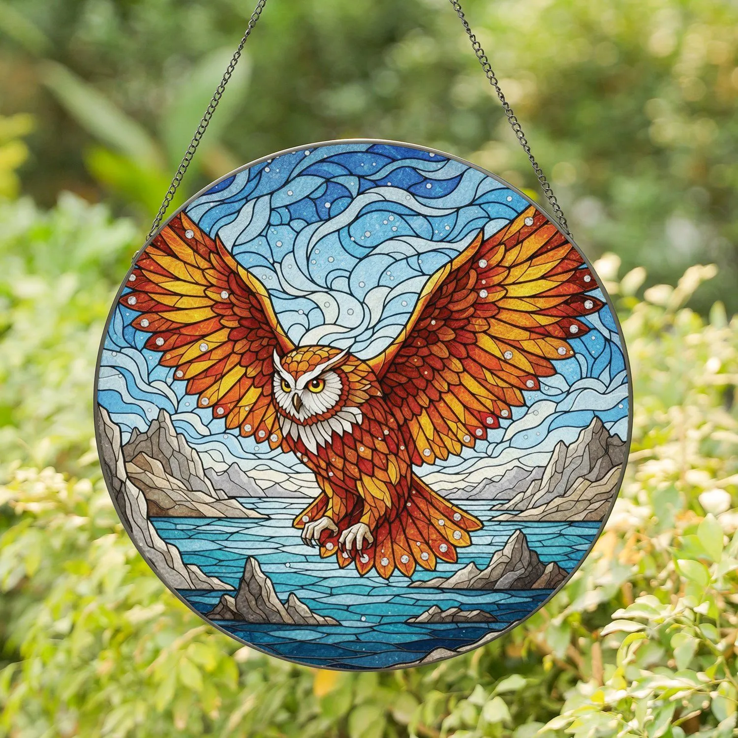 Majestic Owl Flight Mountain Ocean Sky - Home Decor Gift for Wildlife Lovers Stained Glass Suncatcher - 1