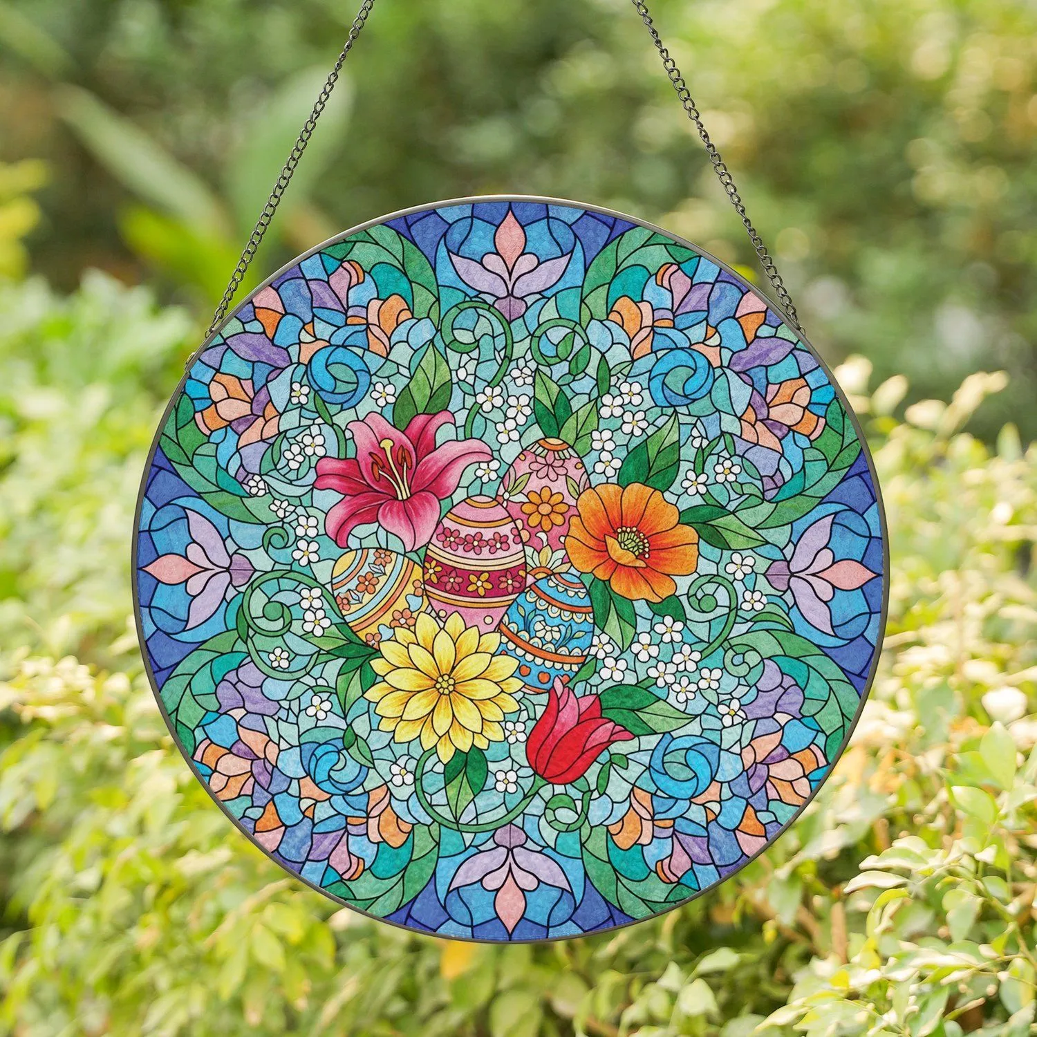 Patterned Easter Egg Multi-Petaled Flowers Green Leaves Winding Tendrils - Easter Home Decor Gift Stained Glass Suncatcher - 1
