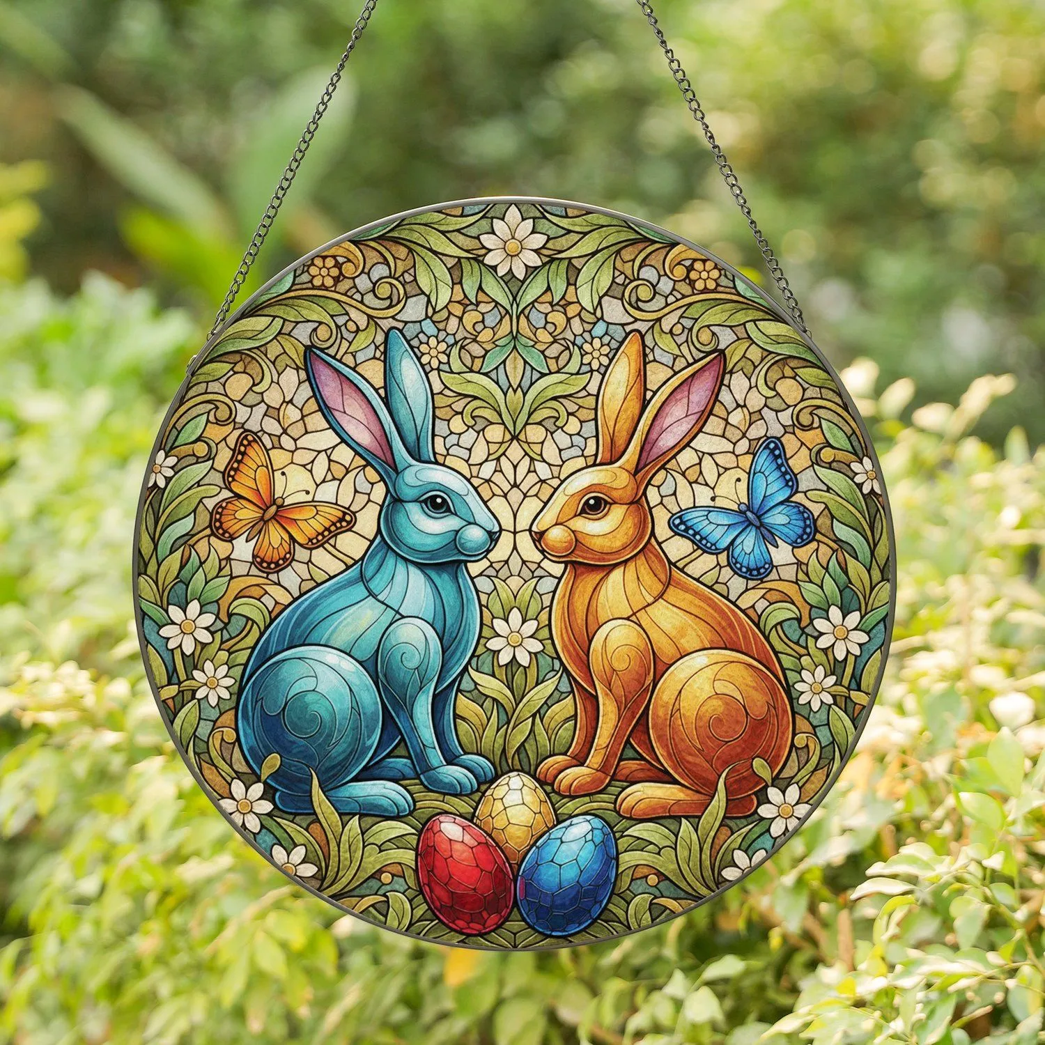 Easter Rabbits Butterflies Eggs - Spring Home Decor Gift Stained Glass Suncatcher - 1