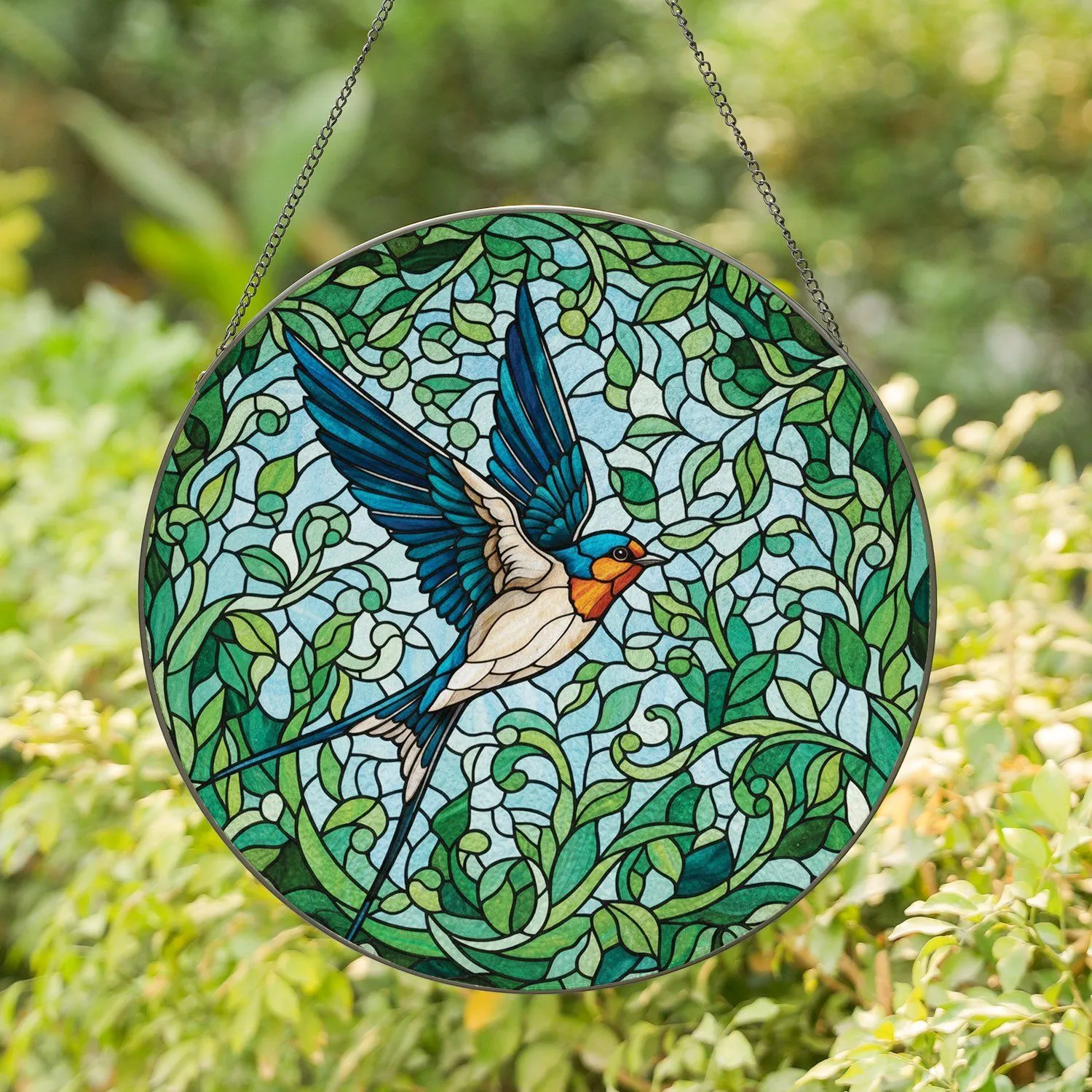 Flying Barn Swallow Mosaic Green Leaves Blue Sky - Home Decor Gift for Bird Watchers Stained Glass Suncatcher - 1