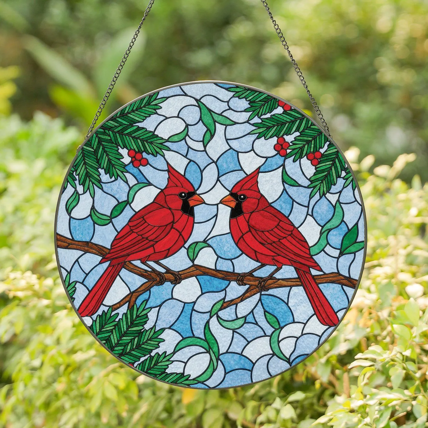 Red Cardinal Birds Winter Branch Holly Berries - Home Decor Gift for Bird Lovers Stained Glass Suncatcher - 1