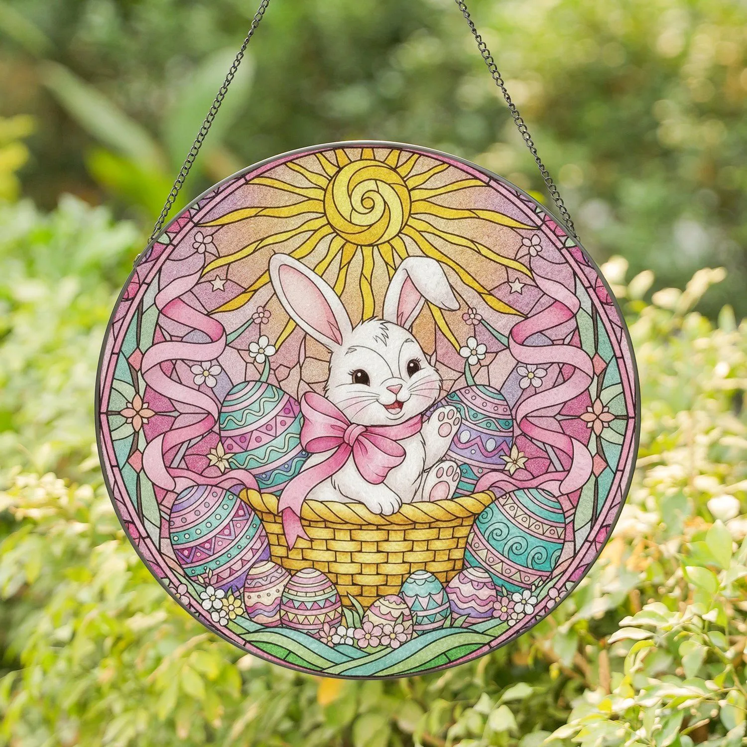 White Bunny Easter Basket Easter Eggs Sun Flowers - Spring Holiday Decor Gift Stained Glass Suncatcher - 1