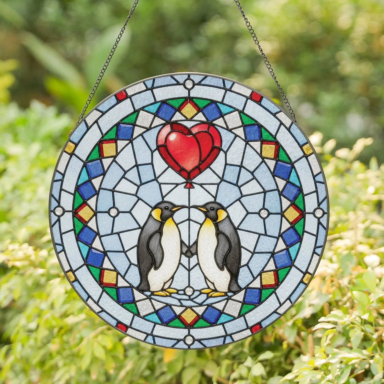 Emperor Penguins Heart Balloon Embrace - Wildlife Lover Home Decor Gift for Loving Couple Stained Glass Suncatcher - 1