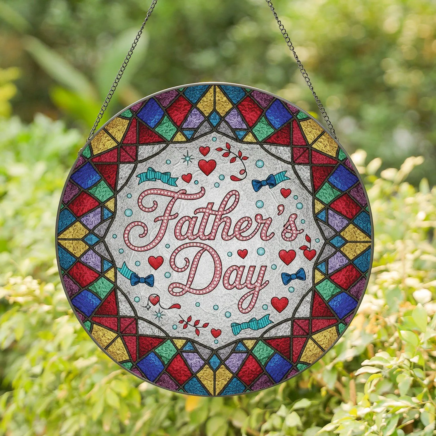 Father's Day Script Red Hearts Blue Bow Ties Geometric Facets - Gift for Dad Stained Glass Suncatcher - 1