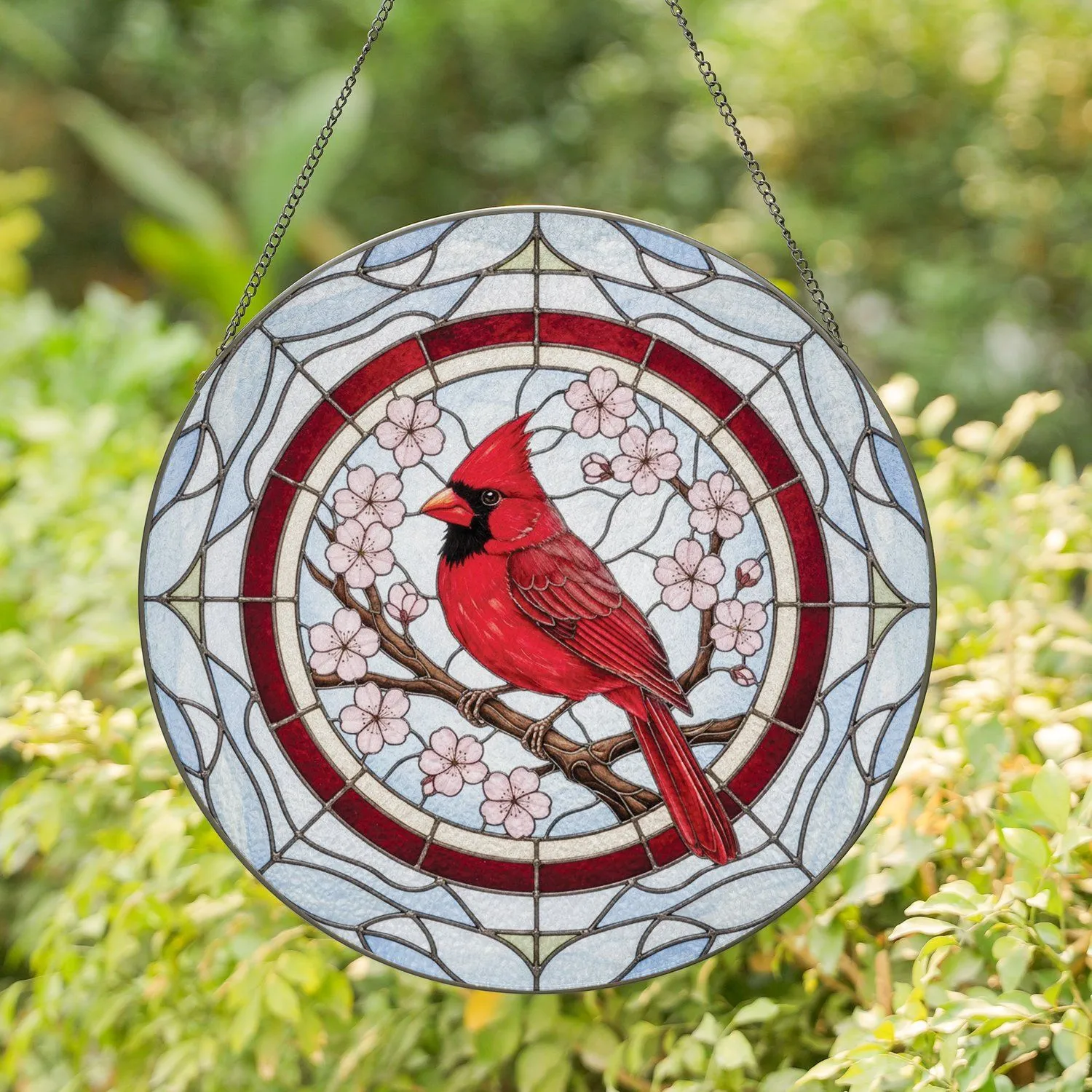 Northern Cardinal Crest Cherry Blossom Floral Medallion - Home Decor Gift for Bird Lover Stained Glass Suncatcher - 1
