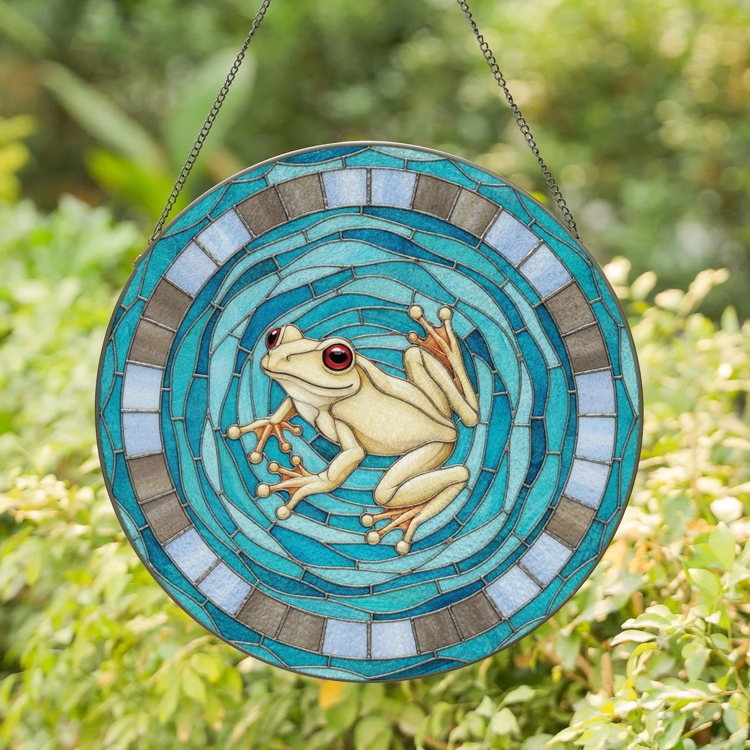 Serene Floating Frog Red Eyes Water Ripples - Home Decor Gift for Frog Lover Stained Glass Suncatcher - 1