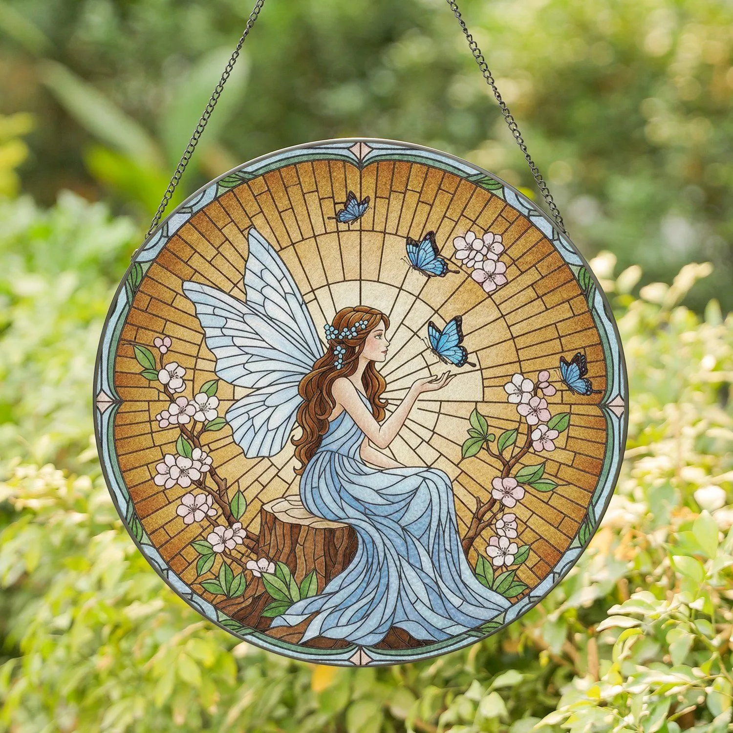 Young Fairy Butterflies Tree Stump Blossoms Amber Floral - Home Decor Gift Stained Glass Suncatcher - 1