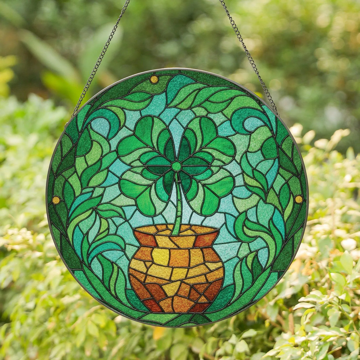 Four-leaf Clover Pot Leaf Vine Botanical Home Decor Gift Stained Glass Suncatcher - 1