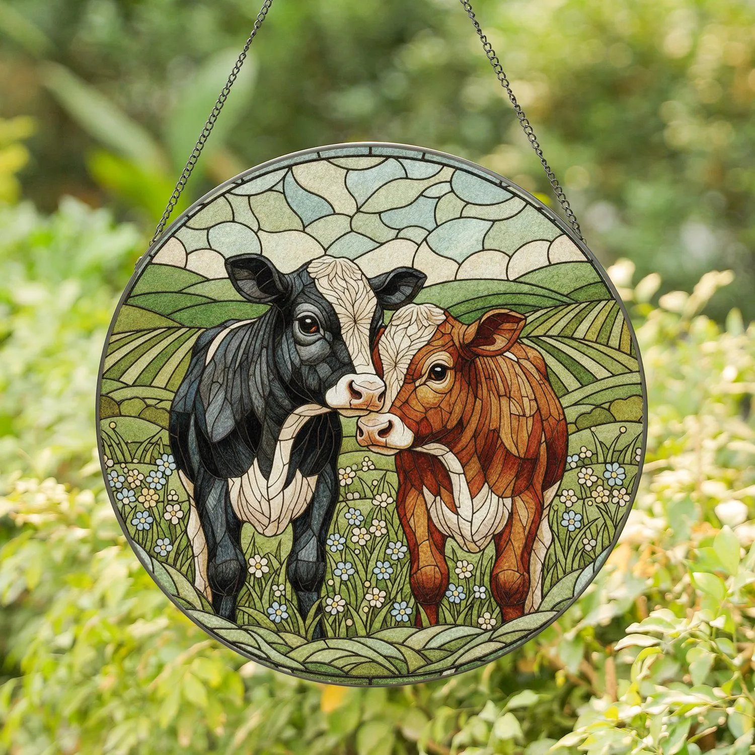 Two Calves Nuzzling Wildflower Field - Farmhouse Home Decor Gift for Cow Lover Stained Glass Suncatcher - 1