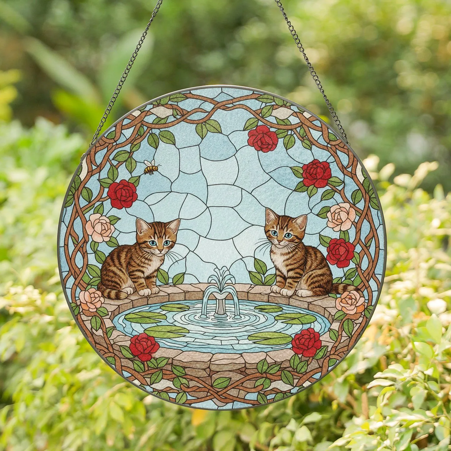 Tabby Kittens Pond Rose Garden - Home Decor Gift for Cat Lover Stained Glass Suncatcher - 1